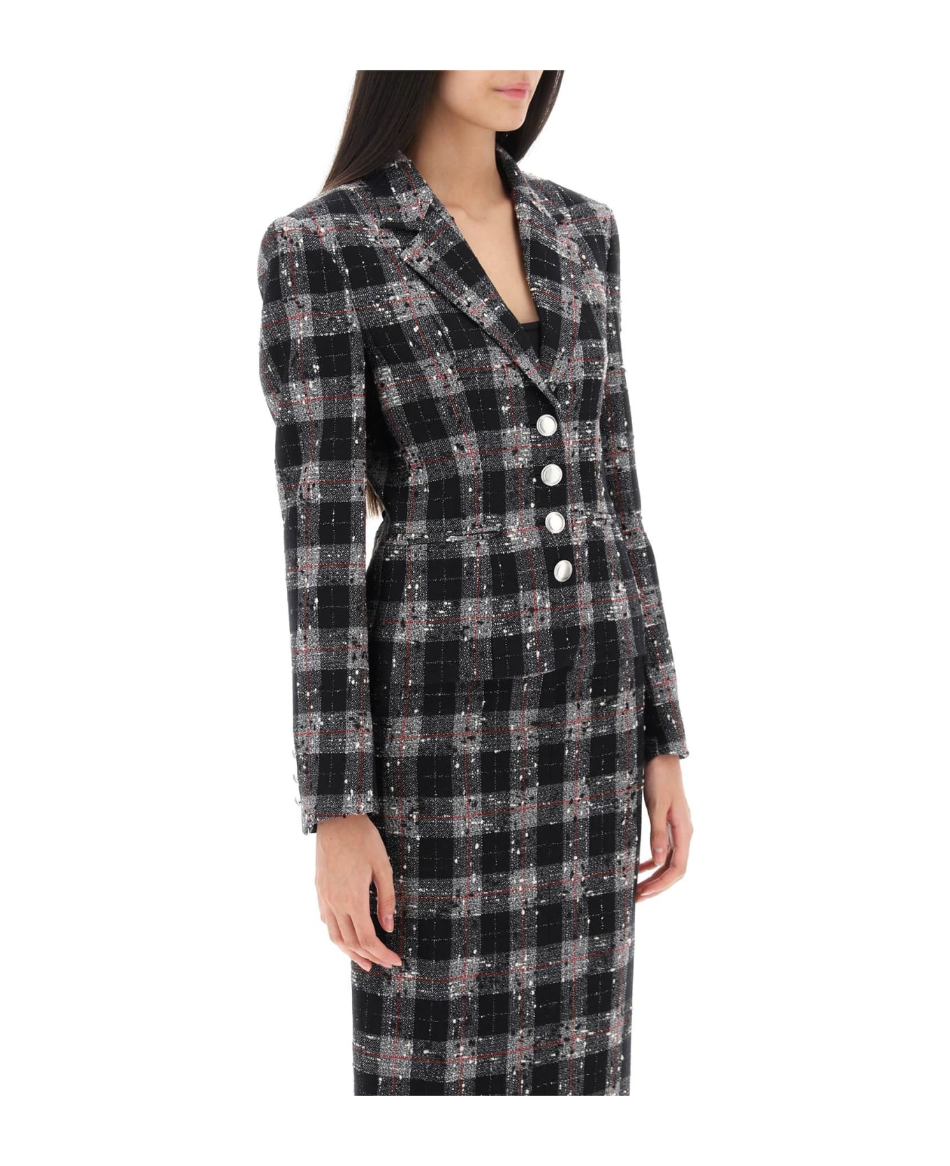 Alessandra Rich Single-breasted Jacket In Boucle' Fabric With Check Motif - BLACK (Black)