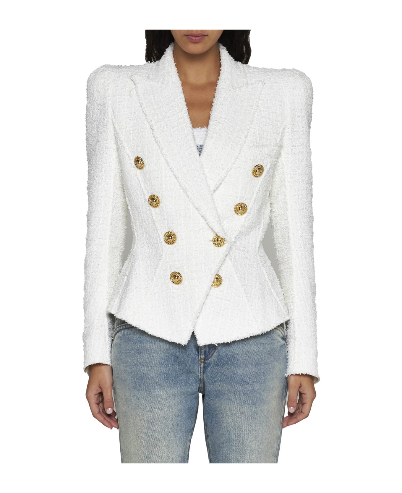 Balmain Double-breasted Tweed Blazer With Logo Buttons - Blanc ブレザー