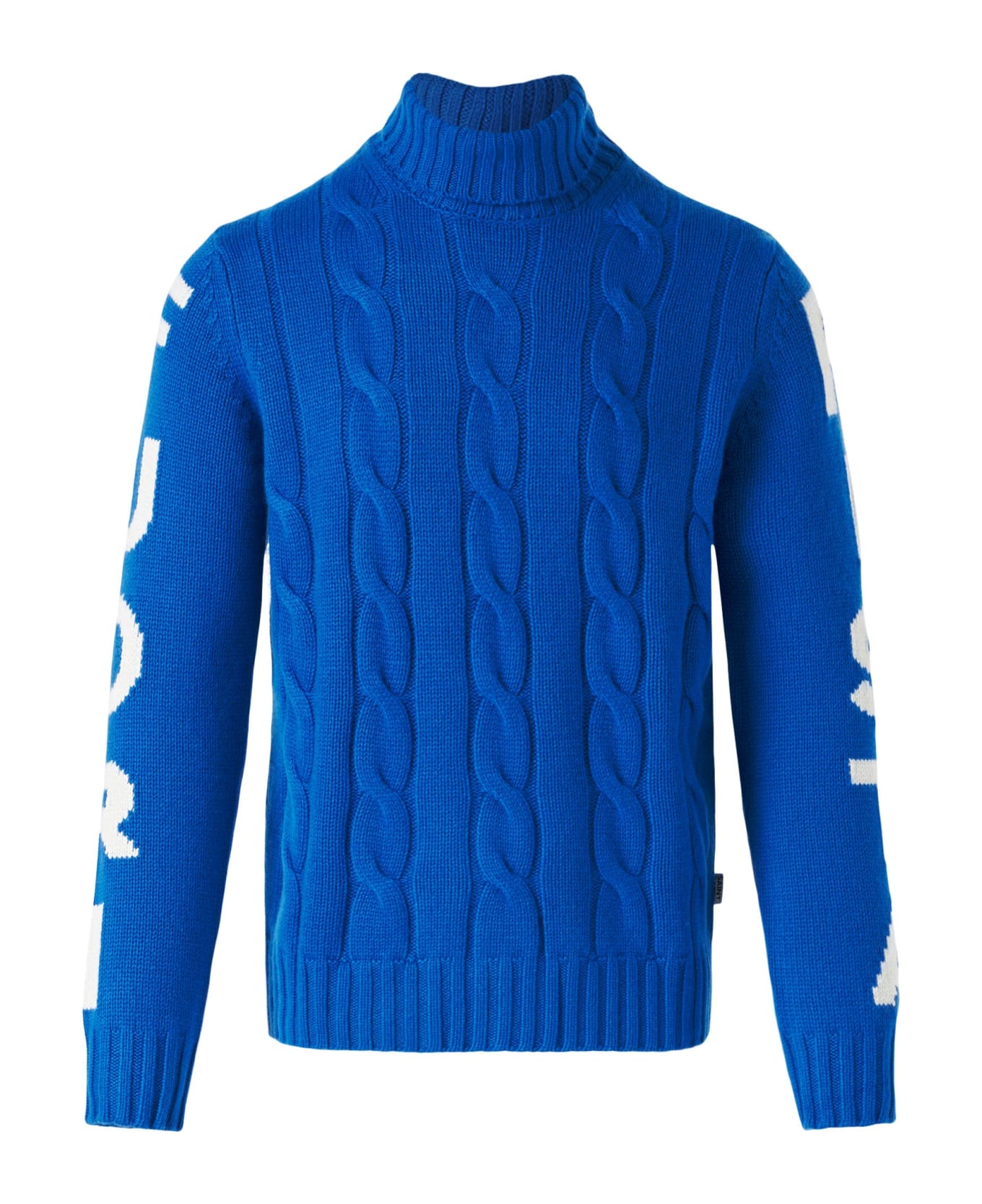 MC2 Saint Barth Man Turtleneck Braided Sweater With Fuori Pista Print - BLUE