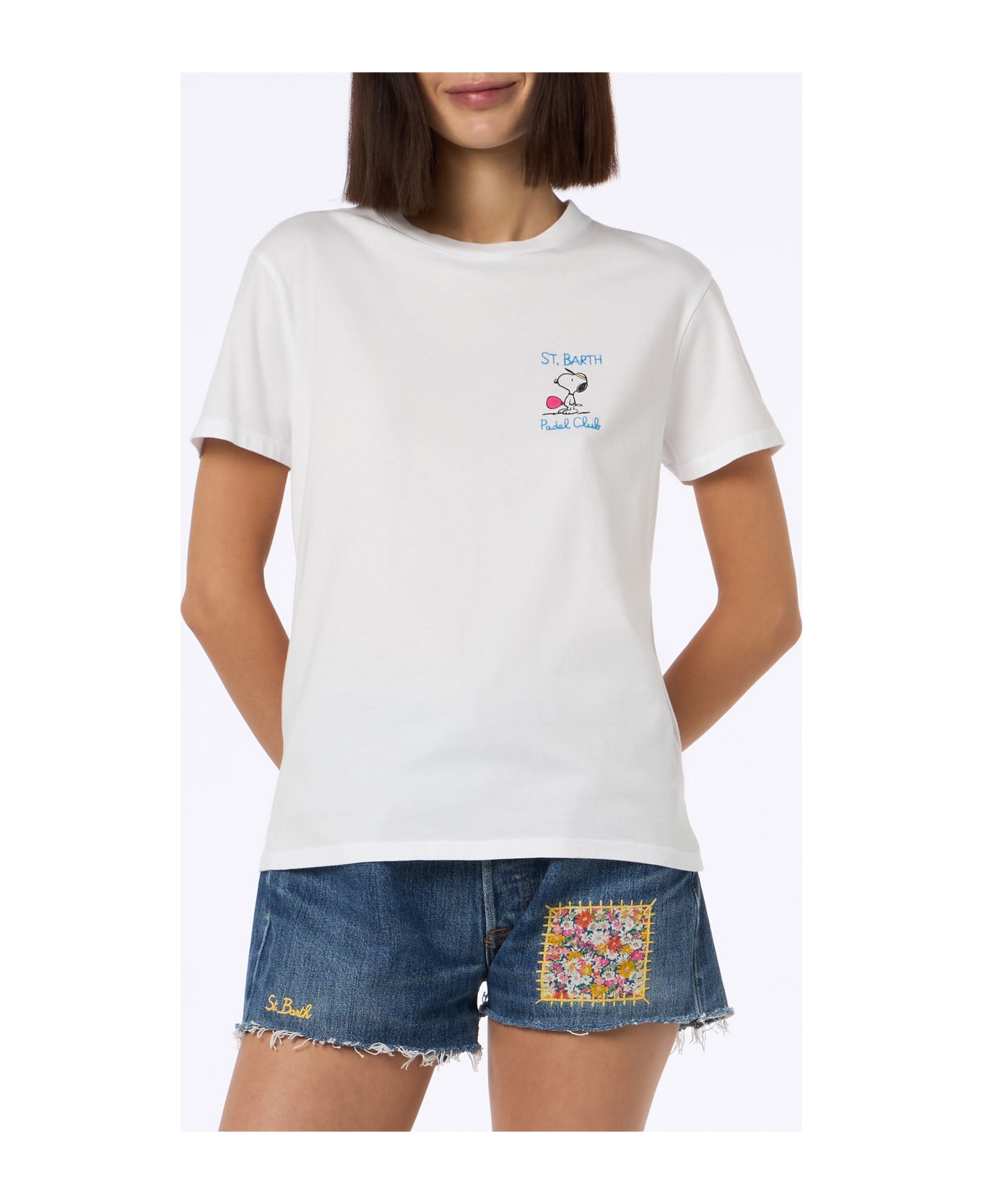 MC2 Saint Barth Woman Pink Cotton Jersey Crewneck T-shirt Emilie With Snoopy St. Barth Padel Club Embroidery | Snoopy Peanuts Special Edition - WHITE