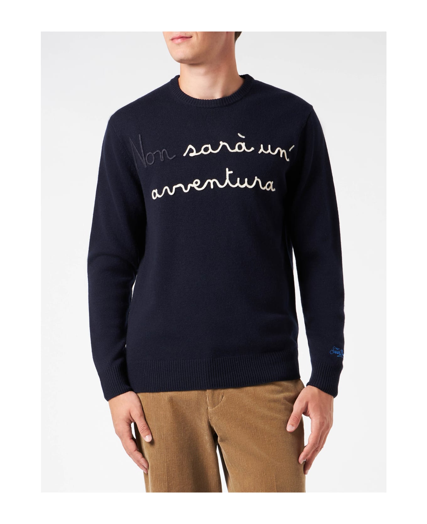 MC2 Saint Barth Man Crewneck Sweater With Non Sarà Un
avventura Embroidery | Niki Dj Special Edition - BLUE