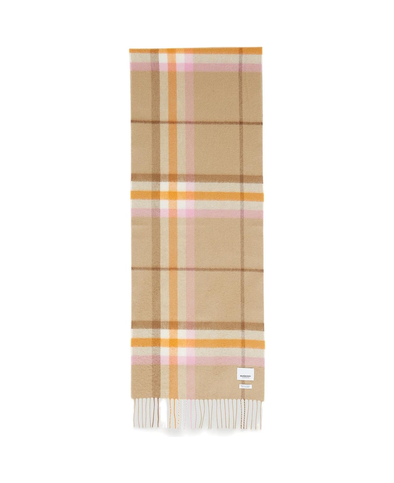 Burberry Logo Patch Checked Fringed Scarf - Beige