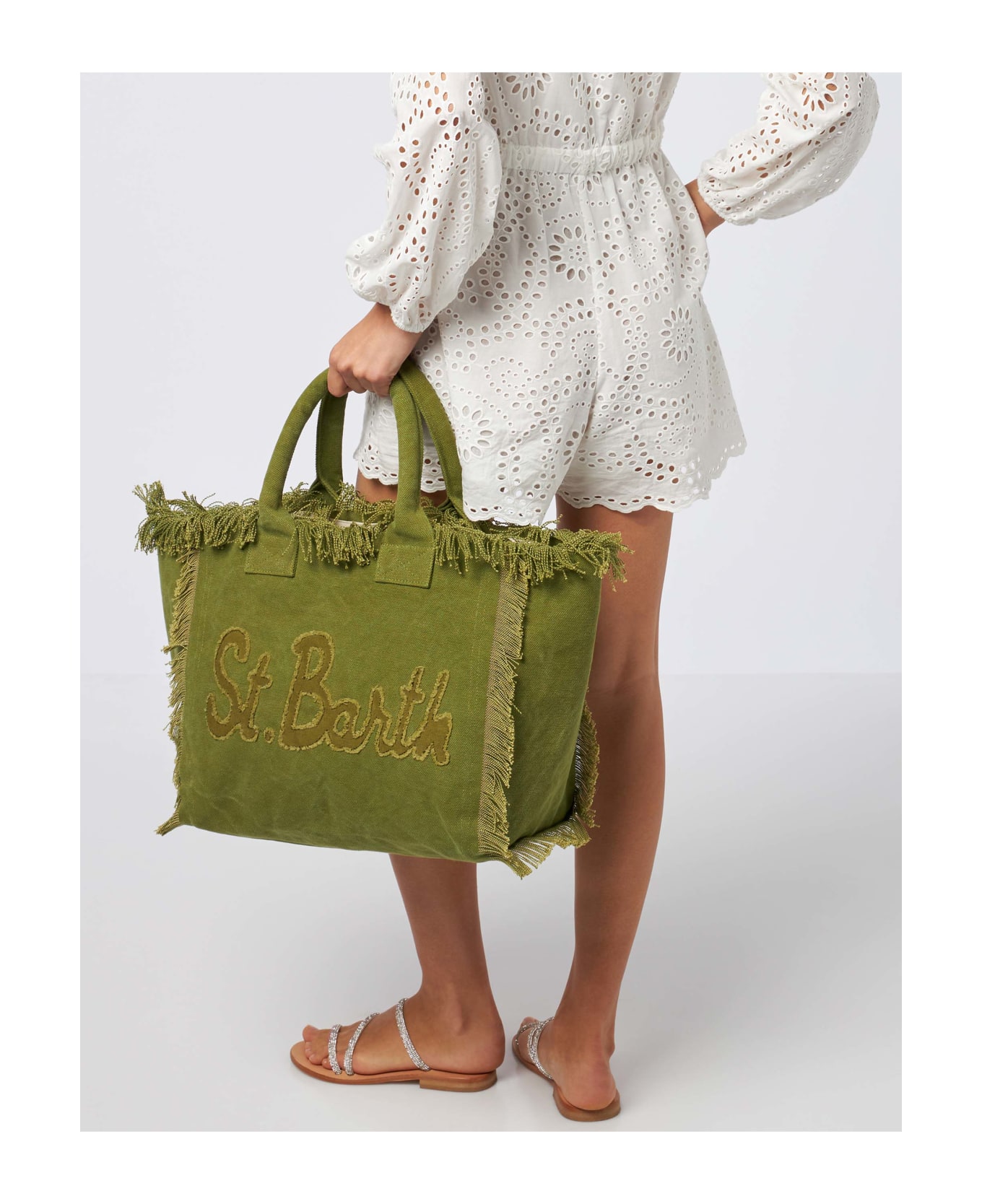 MC2 Saint Barth Military Green Cotton Canvas Vanity Tote Bag With Logo Patch - GREEN