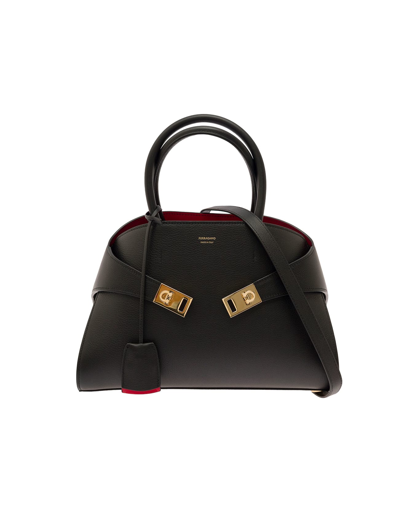 Ferragamo 'hug M' Black Handbag With Logo And Gancini Buckle In Leather Woman - Black