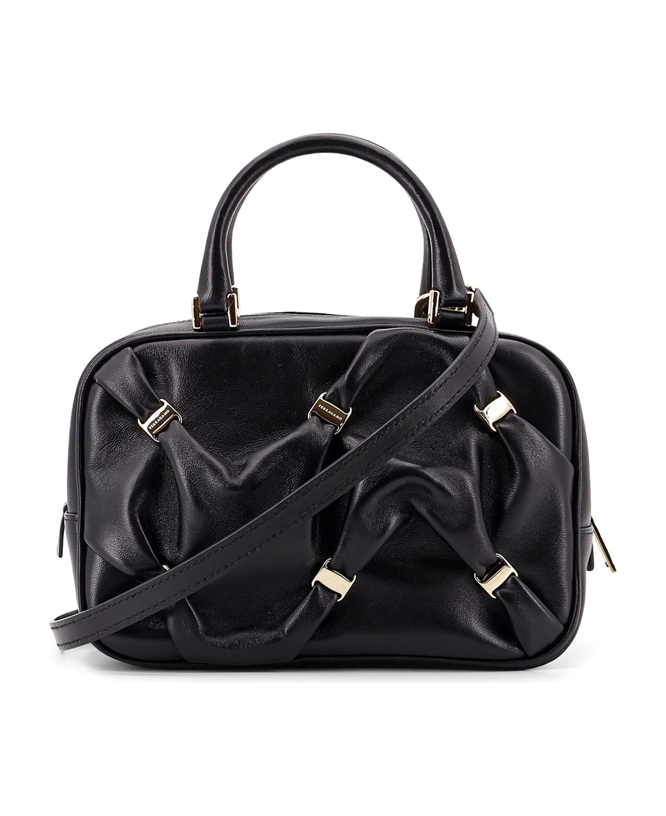 Ferragamo Leather Handbag With Draped Details Secured By Mini Vara Bows - Black