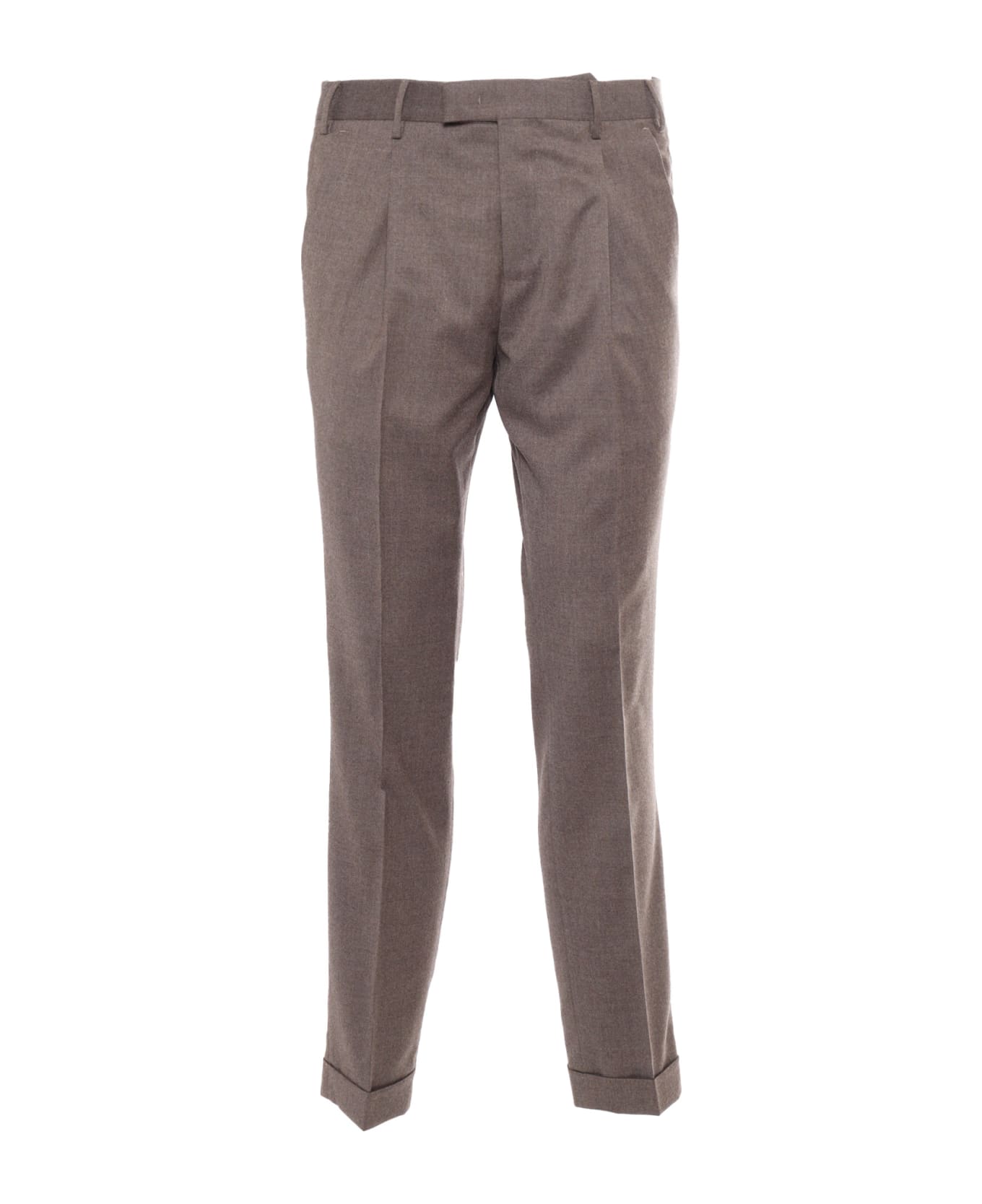 PT Torino Master, 1 Pleat, Diagonal Pockets, Flap Back Pockets, Turn-up - BROWN