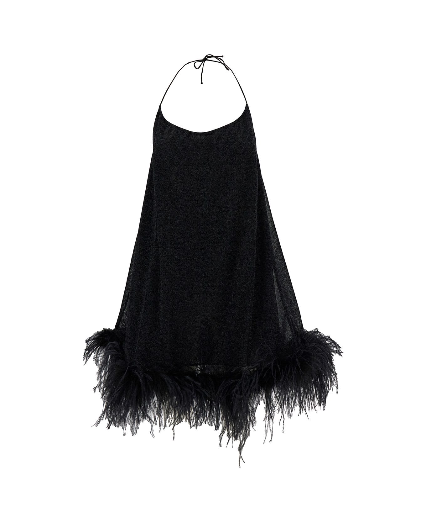 Oseree Mini Black Dress With Halterneck And Feathers In Polyamide Blend Woman - Black ワンピース＆ドレス