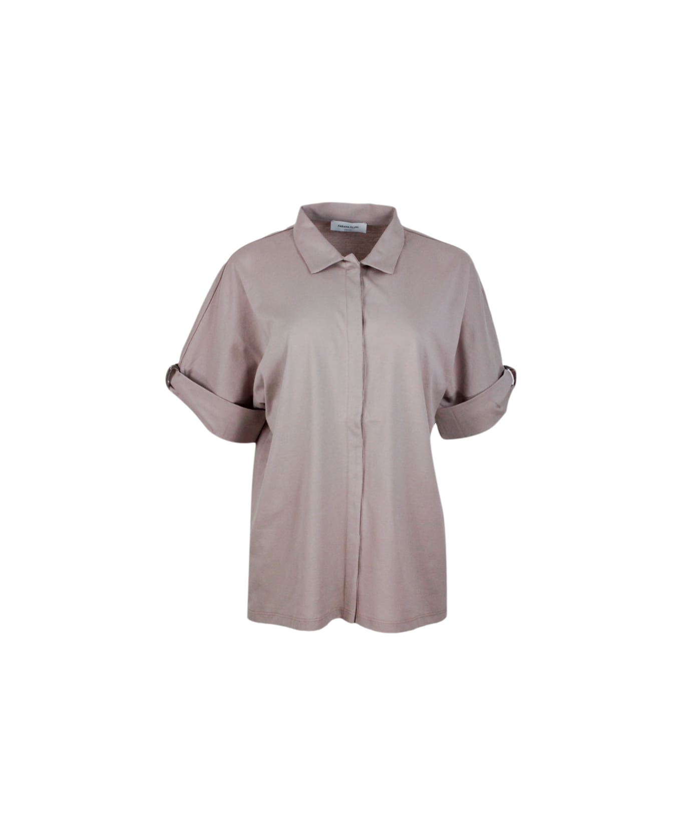 Fabiana Filippi Polo Shirt In Stretch Cotton Jersey With Short Sleeves And Cuffs Embellished With Jewels - Pink