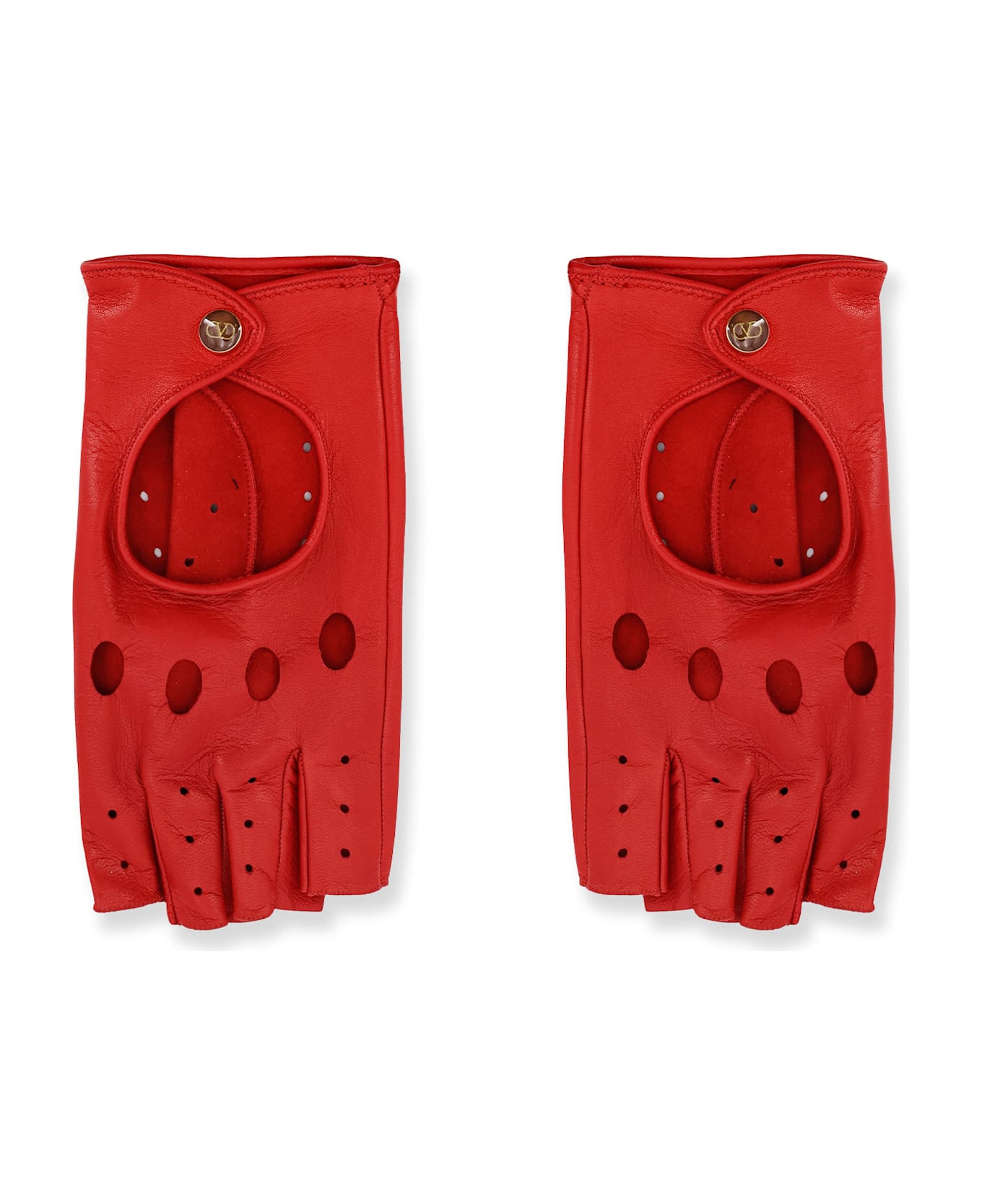 Valentino Garavani Leather Gloves - ROUGE PUR/MARRONE/ORO