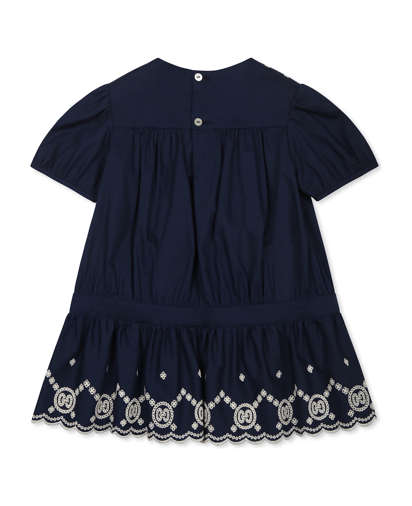 Gucci Blue Dress For Baby Girl With Gg Cherry Embroidery - Blue