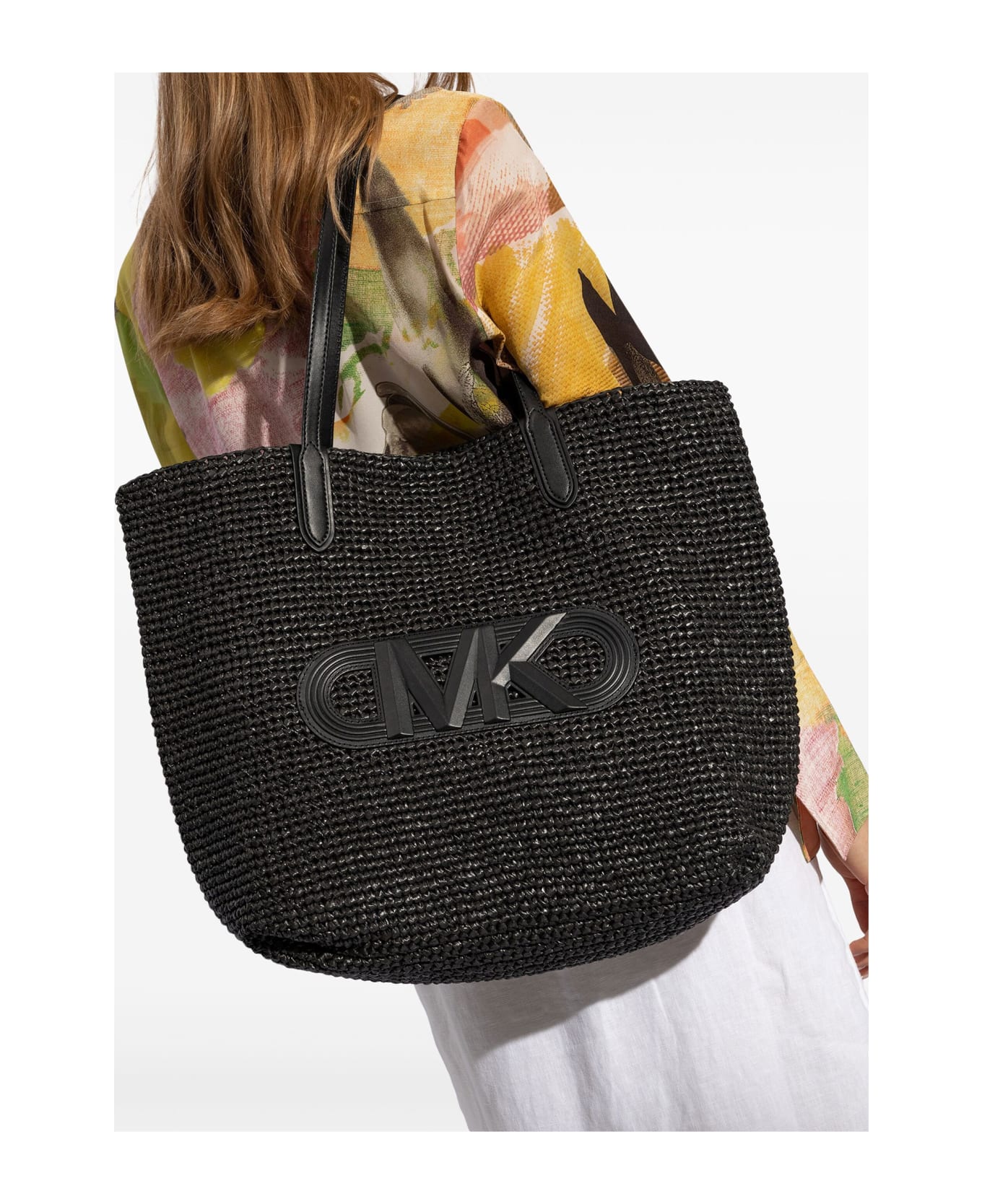 Michael Kors Eliza Tote Bag In Black Straw With Logo - BLACK BLACK トートバッグ