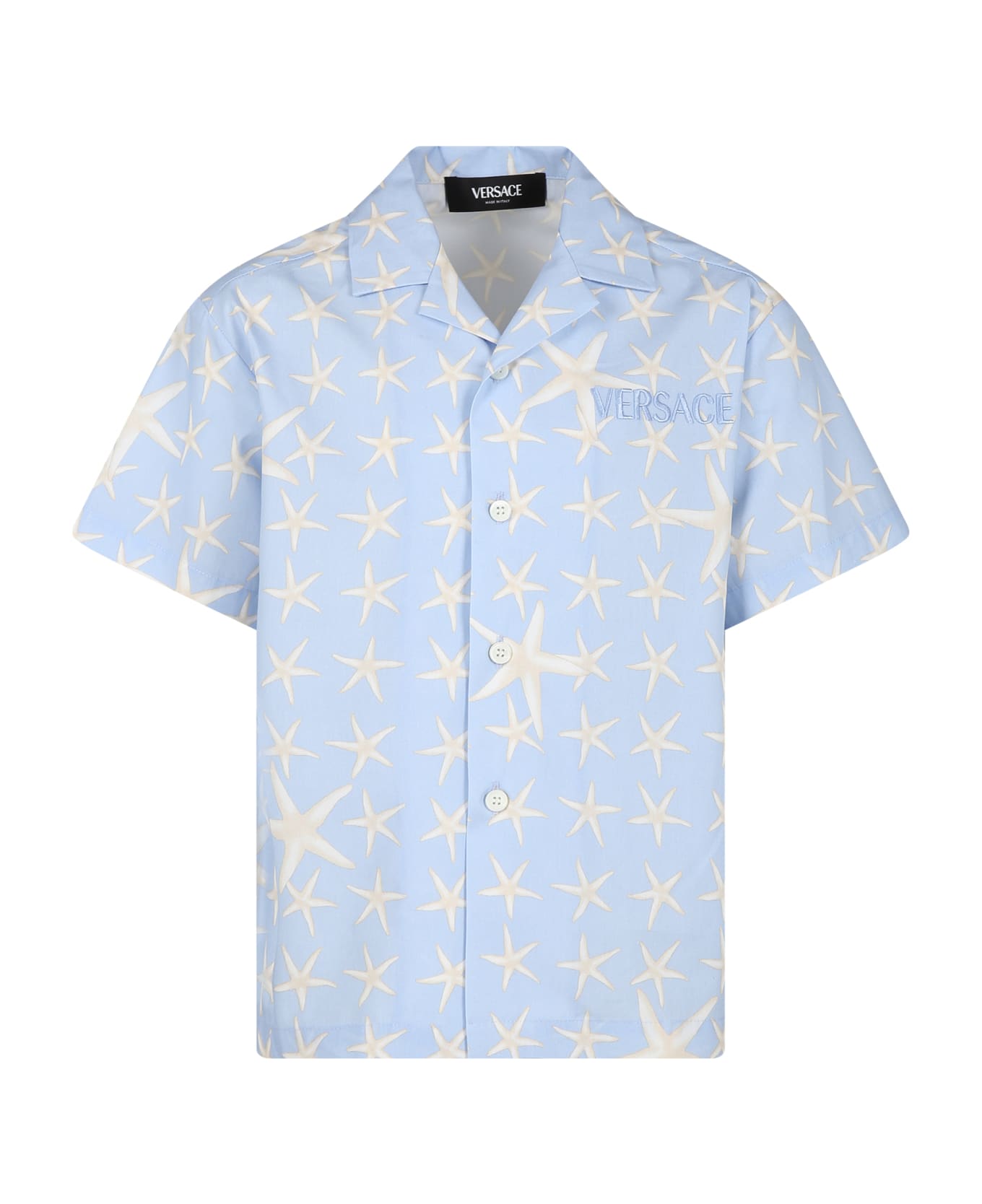 Versace Light Blue Shirt For Boy With Sea Shells Print - Light Blue