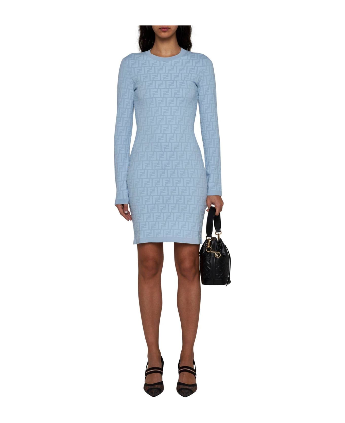 Fendi Ff Jacquard Long Sleeved Crewneck Dress - Clear Blue ワンピース＆ドレス