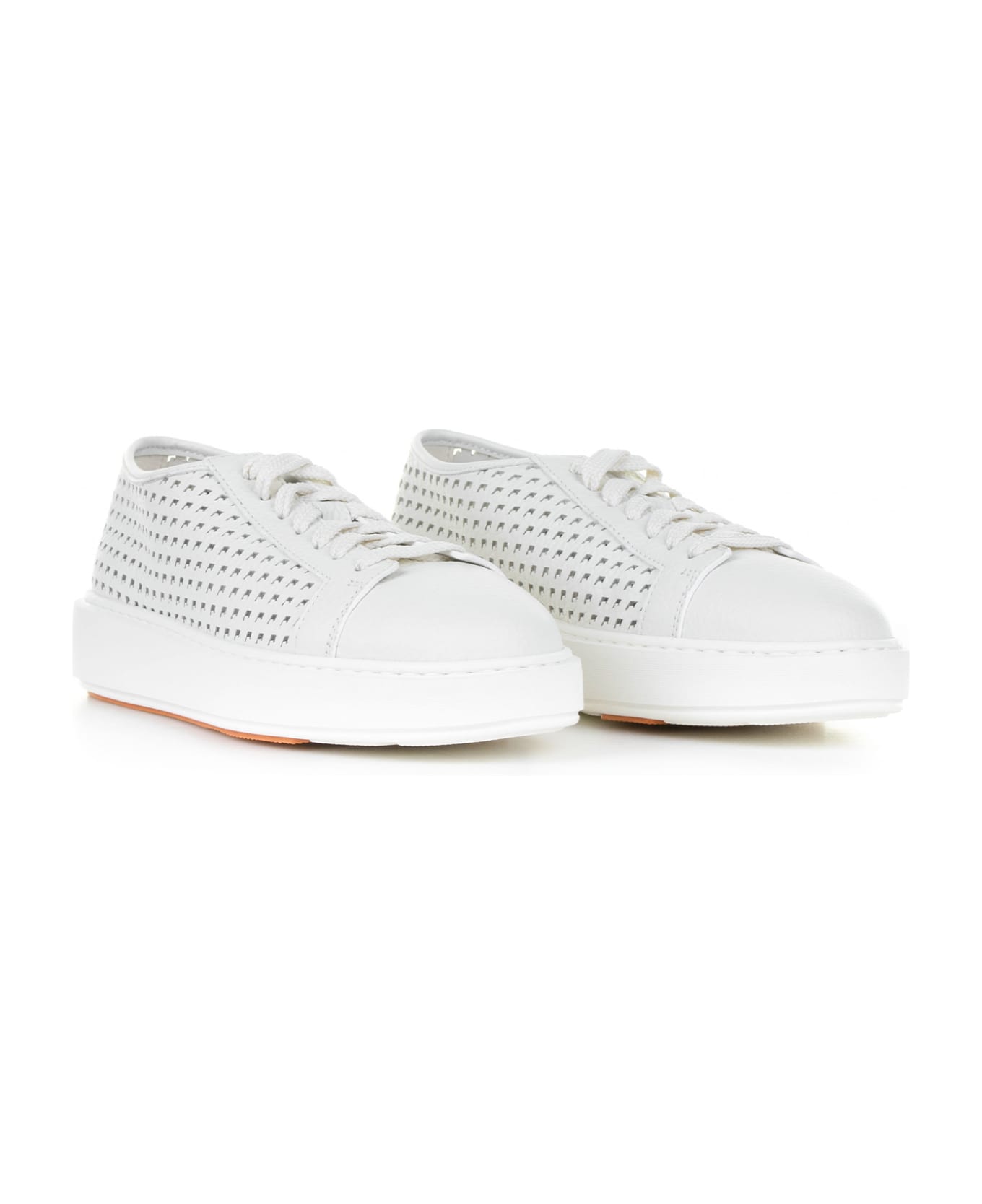 Santoni White Sneaker In Perforated Leather - WHITE