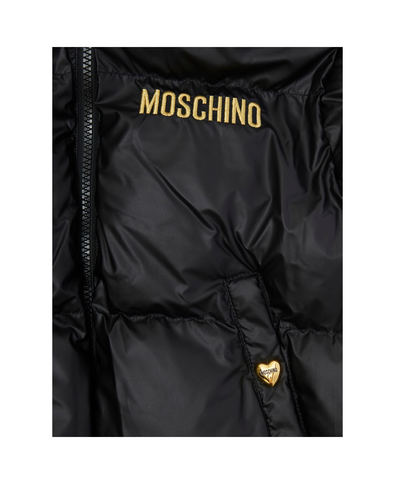 Moschino Black Hooded Down Jacket With Logo Embroidery In Quilted Fabric Girl - Black