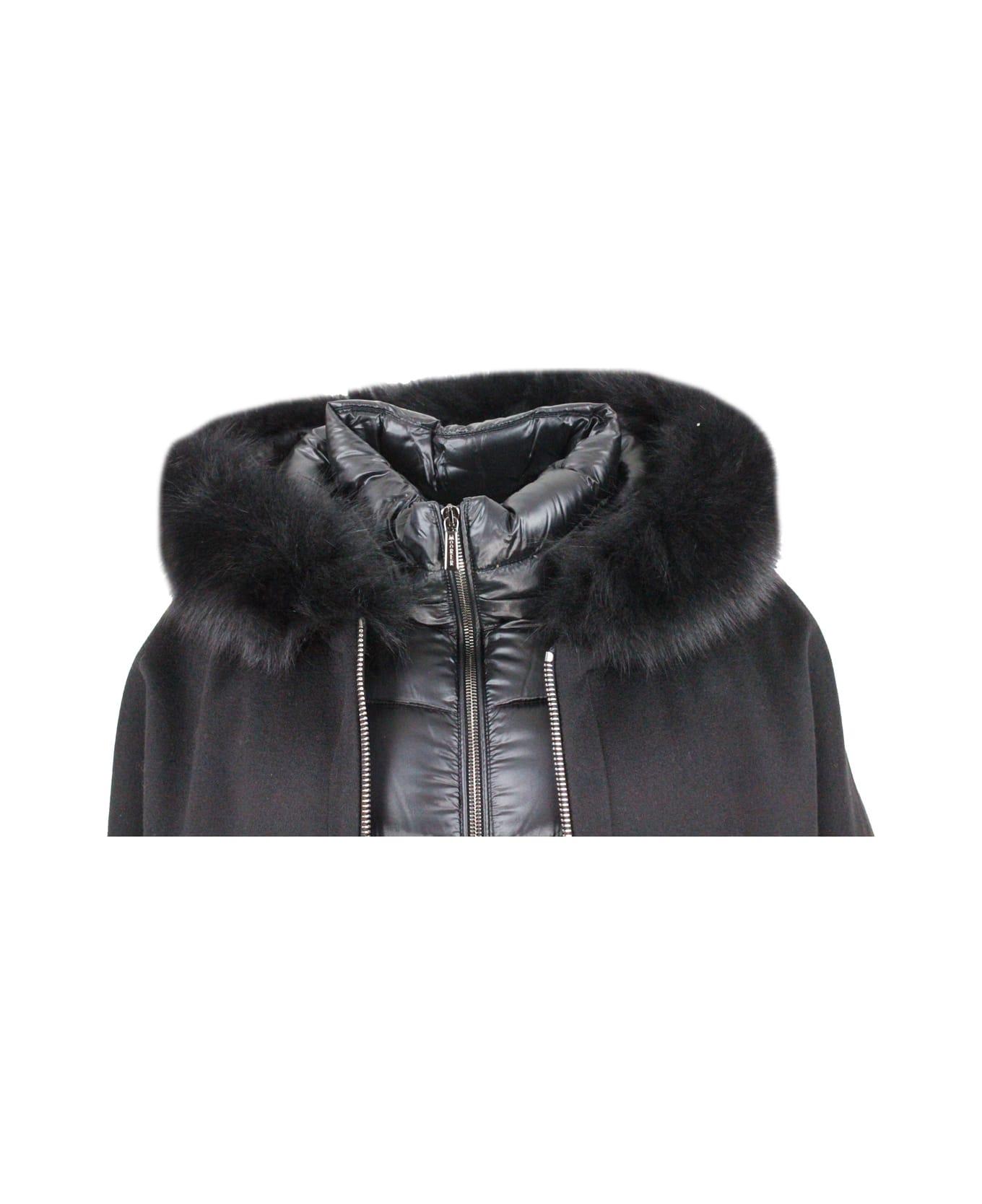 Moorer 3-in-one Jacket Composed Of: Inner Duvet In Real Feathers And Outer Cape With Hood In Pure Cashmere And Fox Fur Trim - Black
