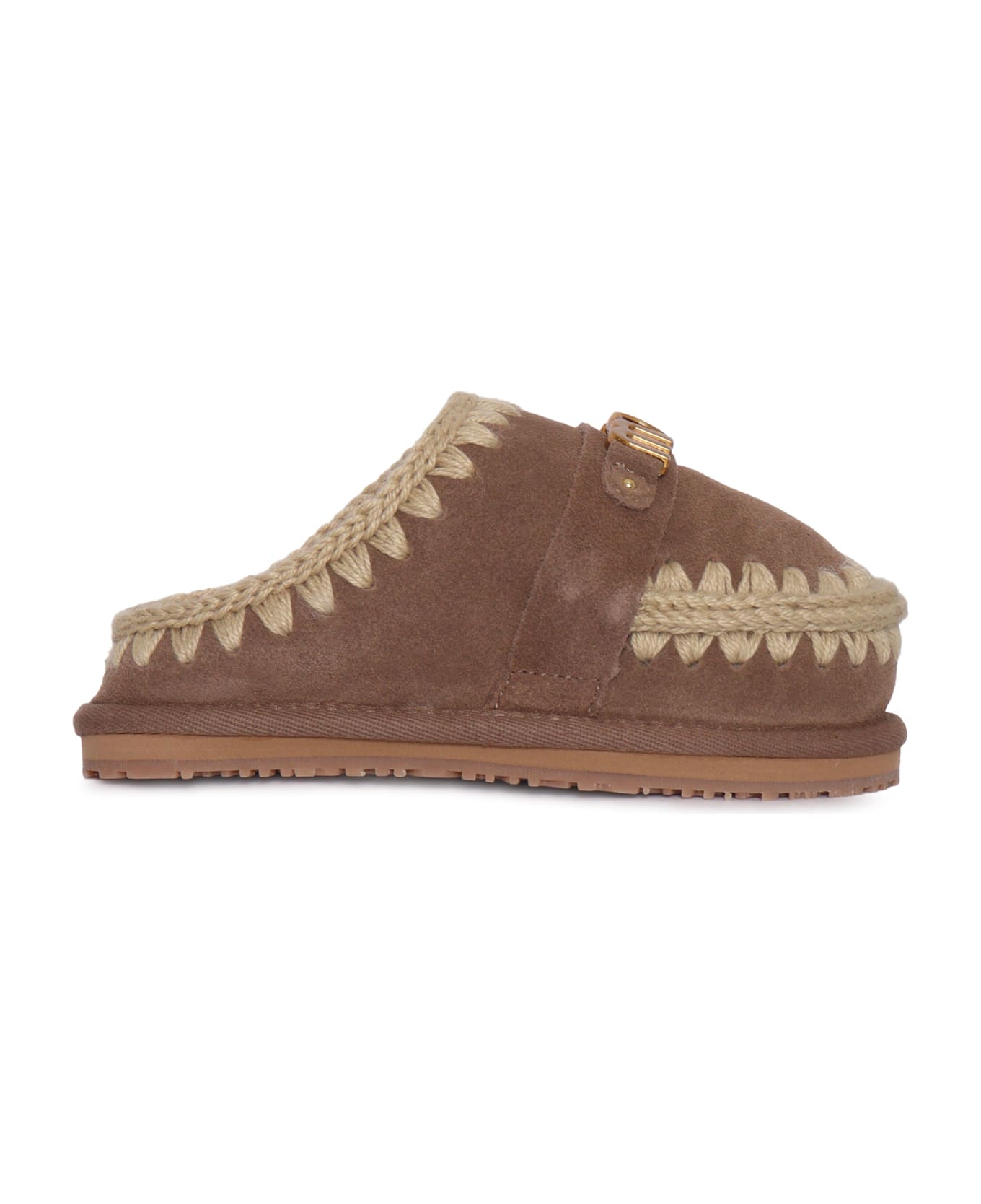 Mou Kids Slipper Suede - Letter Logo - BROWN