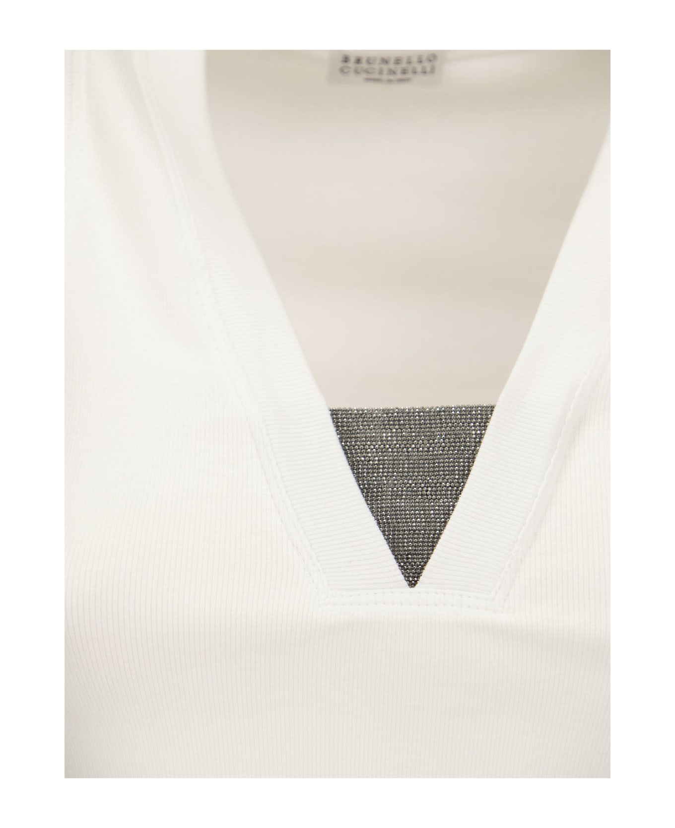 Brunello Cucinelli Stretch Cotton Ribbed Jersey Top With Precious Insert - White