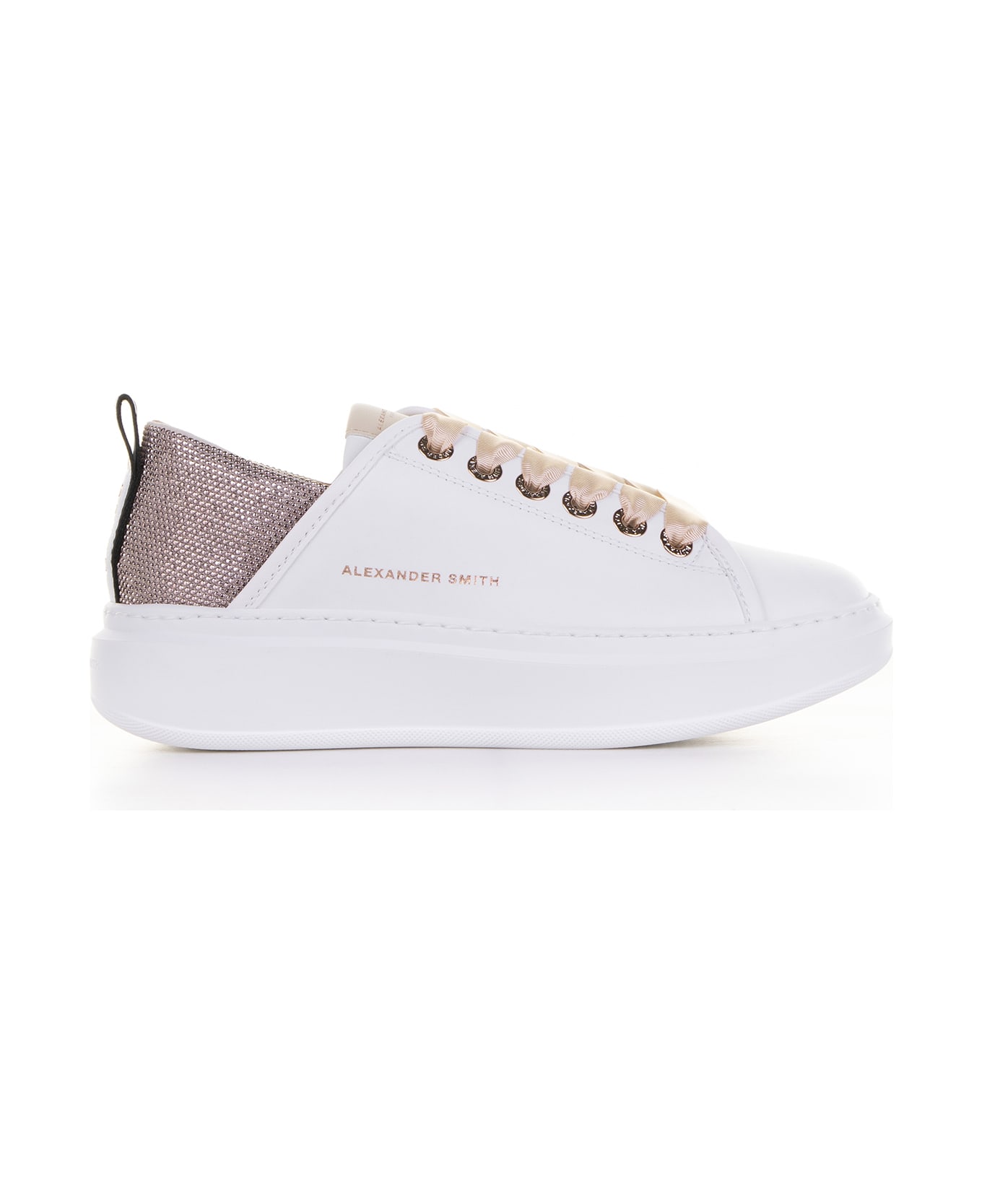 Alexander Smith London Wembley Sneaker In Leather And Rhinestones - WHITE BEIGE