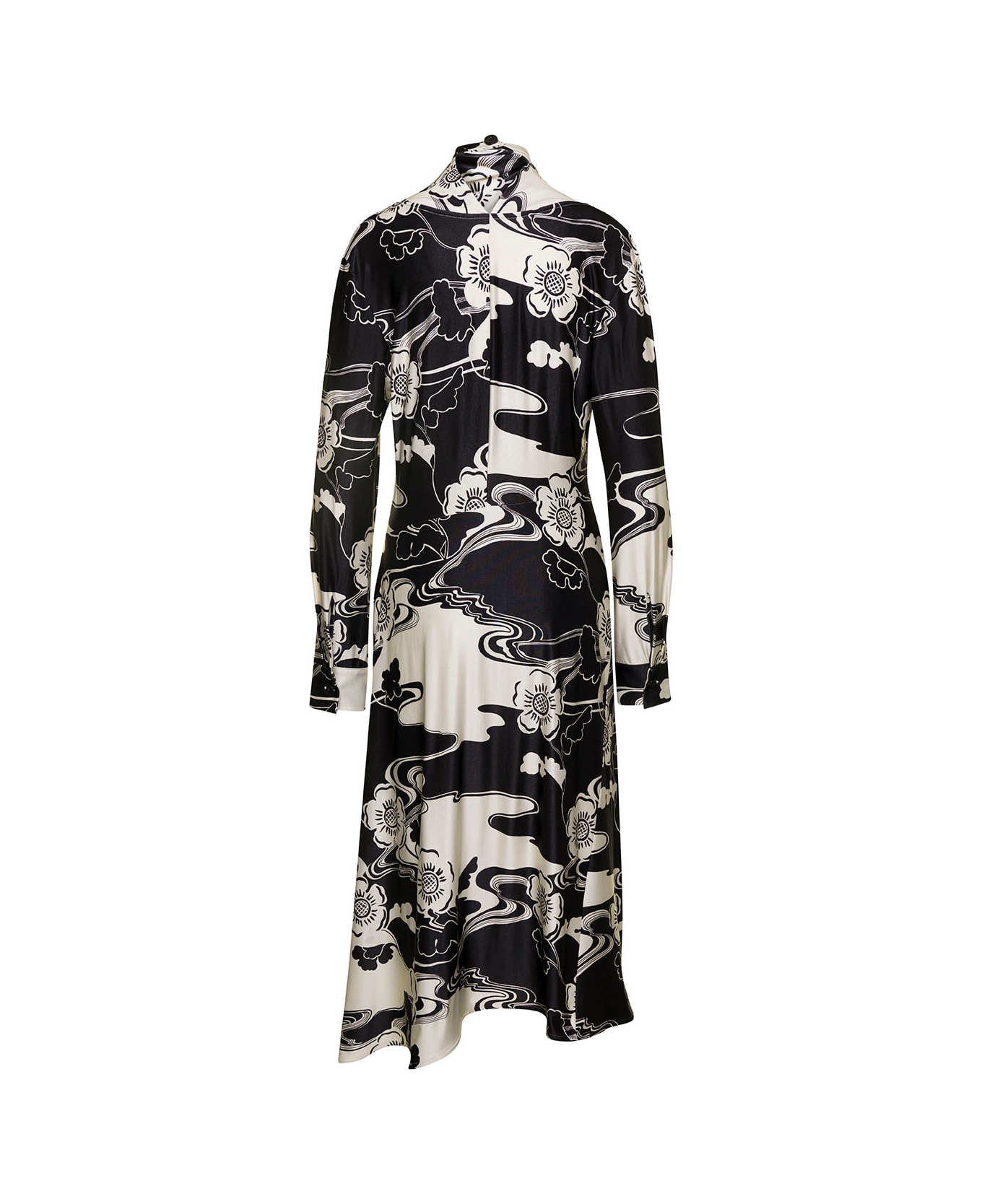 Jil Sander Midi Black And White Floreal Printed Dress With High Neck In Viscose Blend Woman - White