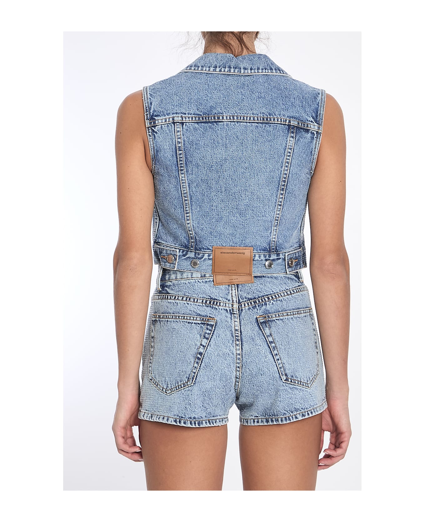 ベスト・ジレ Alexander Wang Embellished Denim Vest Alexander Wang Blue Clear Bead Hotfix Denim Vest In