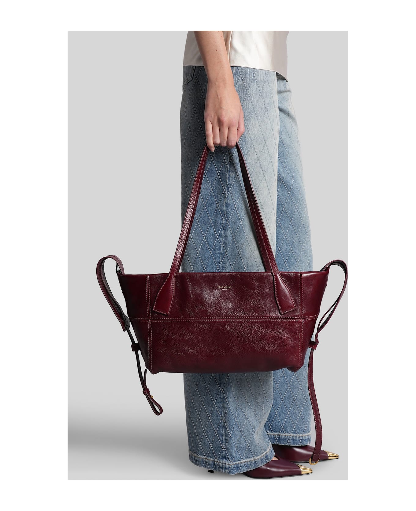 Balmain Track Zip Small Tote In Bordeaux Leather - bordeaux