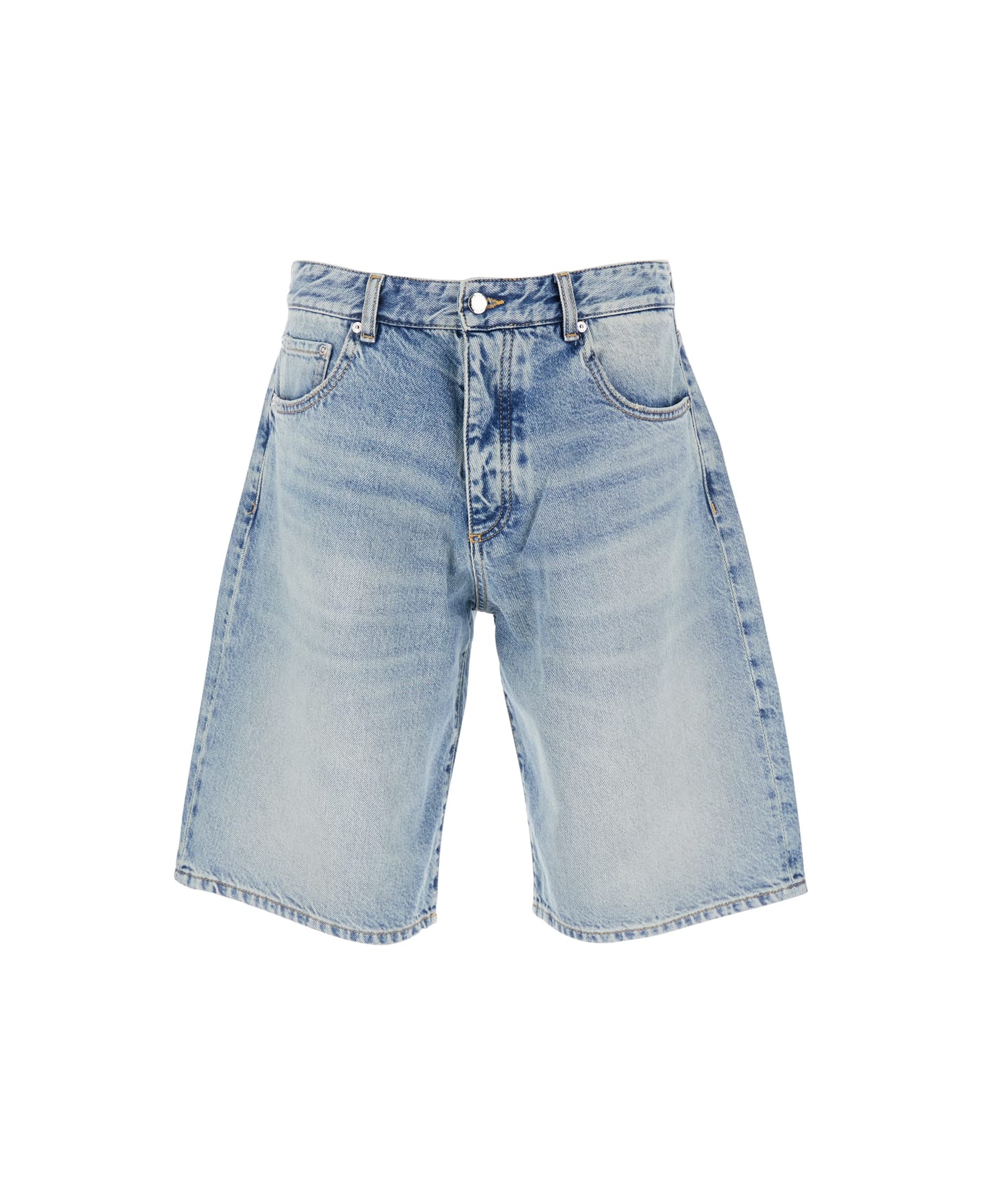 Light Blue Five-pocket Bermuda Shorts With Logo Patch On The Back In Denim Man
