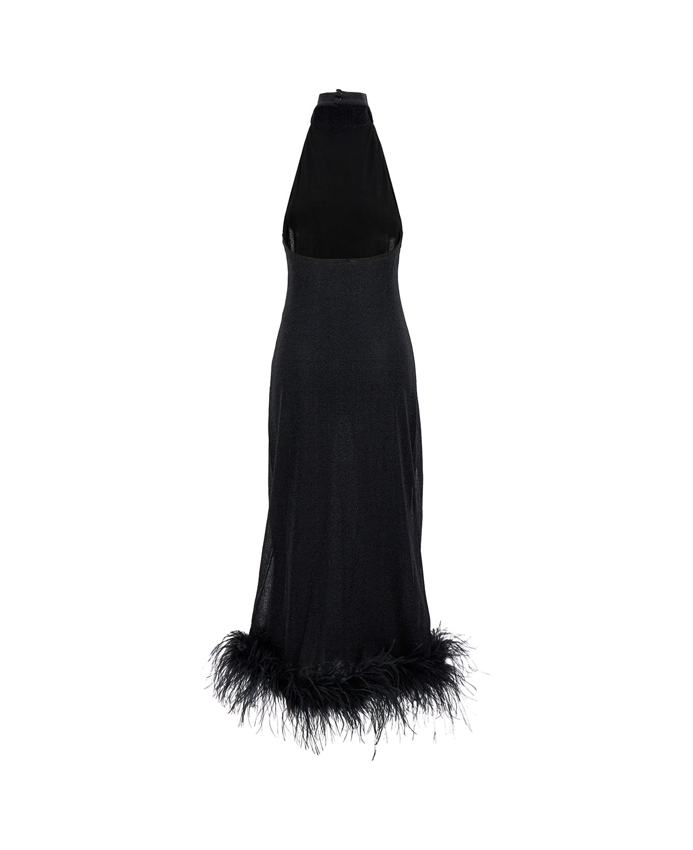 Oseree Long Black Dress With High Neck And Feathers In Lurex Woman - Black