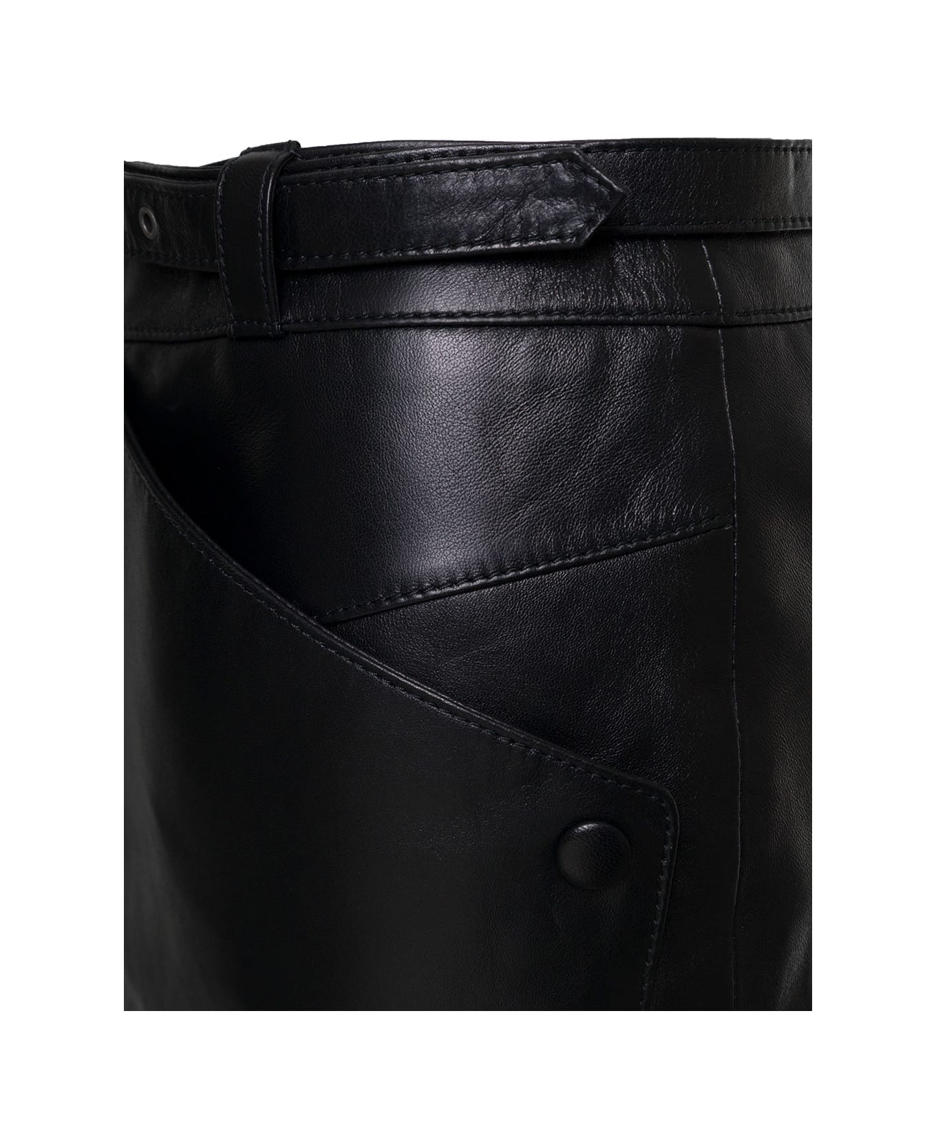 Saint Laurent Midi Black Belted Skirt In Leather Woman - Black スカート