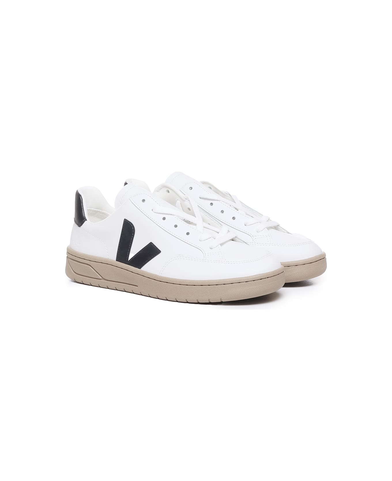 Veja V-12 Black Dune Sneakers In Chromefree Cowskin - White