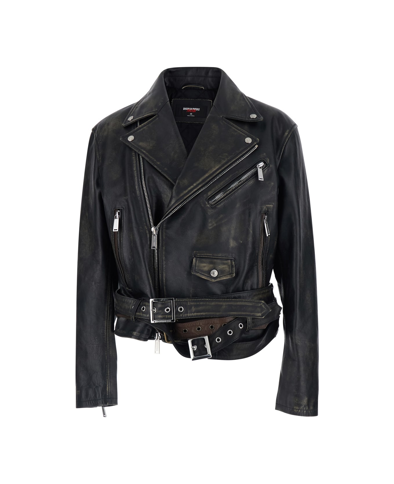Dsquared2 
d2 X Magliano
 Black Biker Jacket With Wide Classic Lapels And Logoed Belt At The Waist In Leather Man - Black