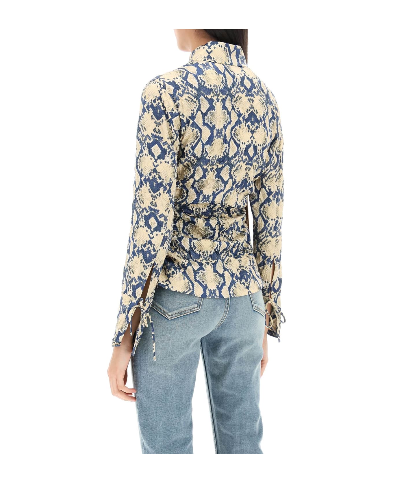 Ganni Crinkled Satin Shirt With Snake Print - BLUE/YELLOW