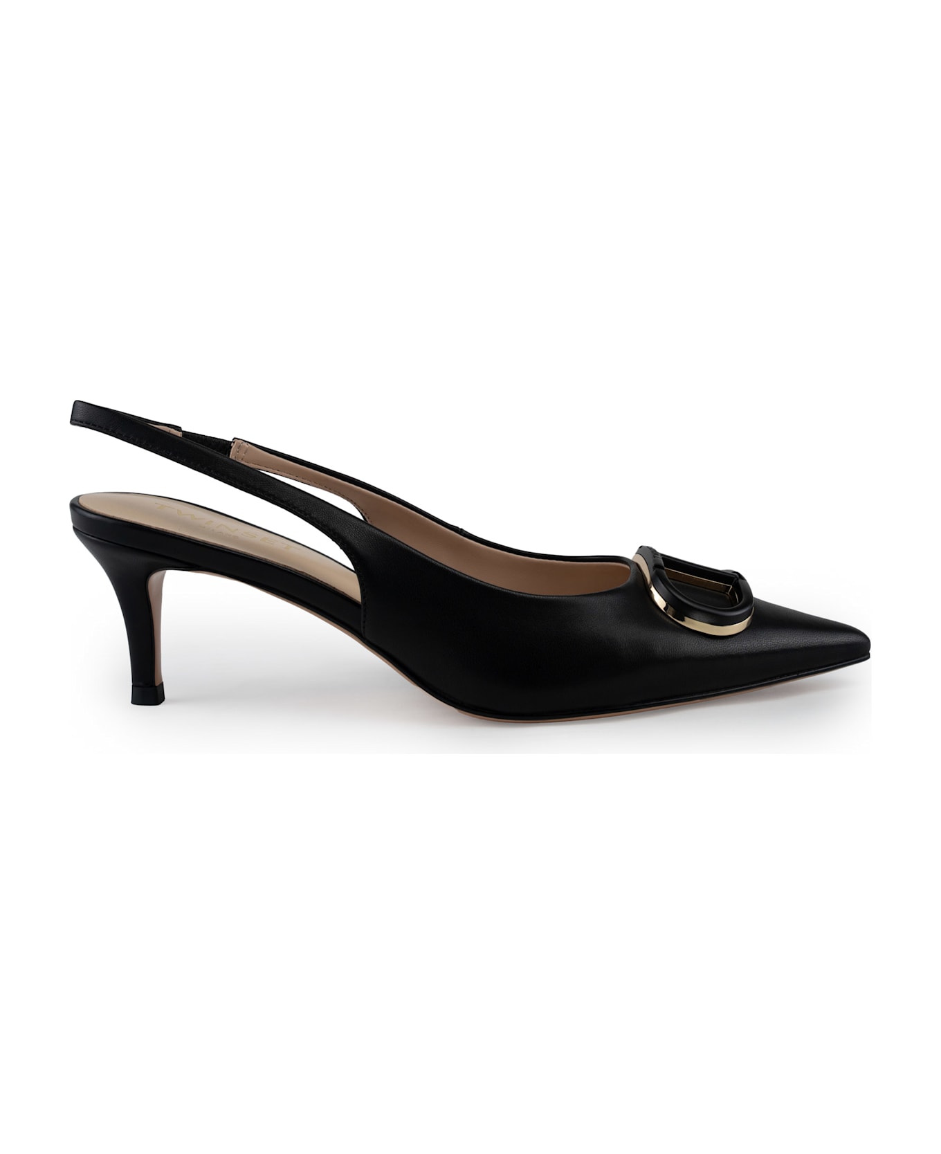 TwinSet Leather Sling Back Pumps With Oval-t Logo - Nero