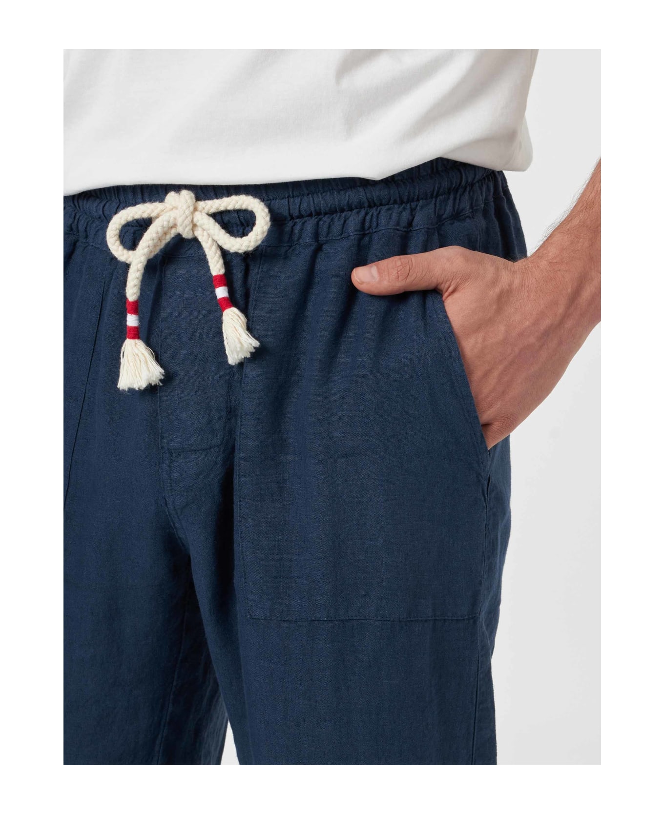 MC2 Saint Barth Man Navy Blue Linen Calais Pants With Drawstring - BLUE