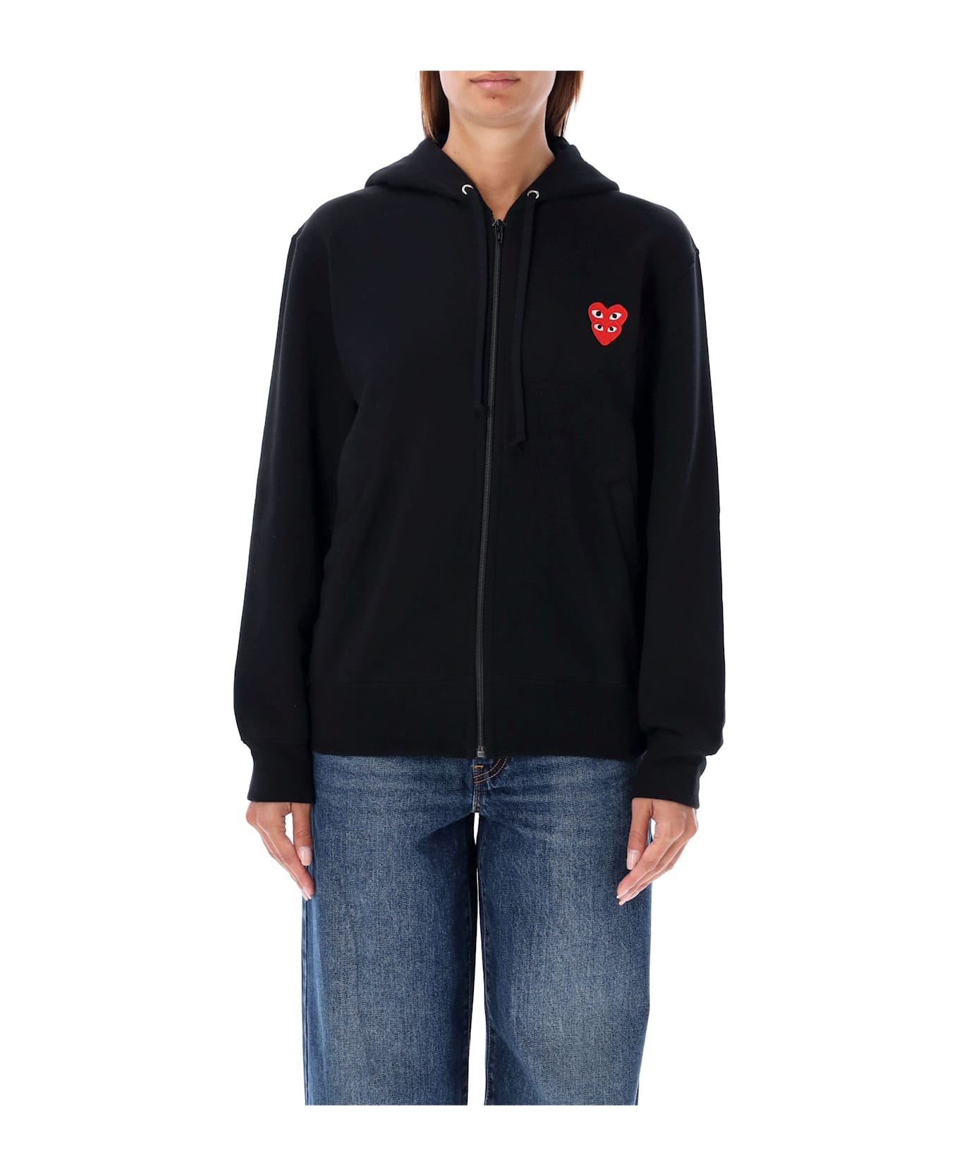 Comme des Garçons Play Zipped Hoodie With Double Heart Patch - BLACK
