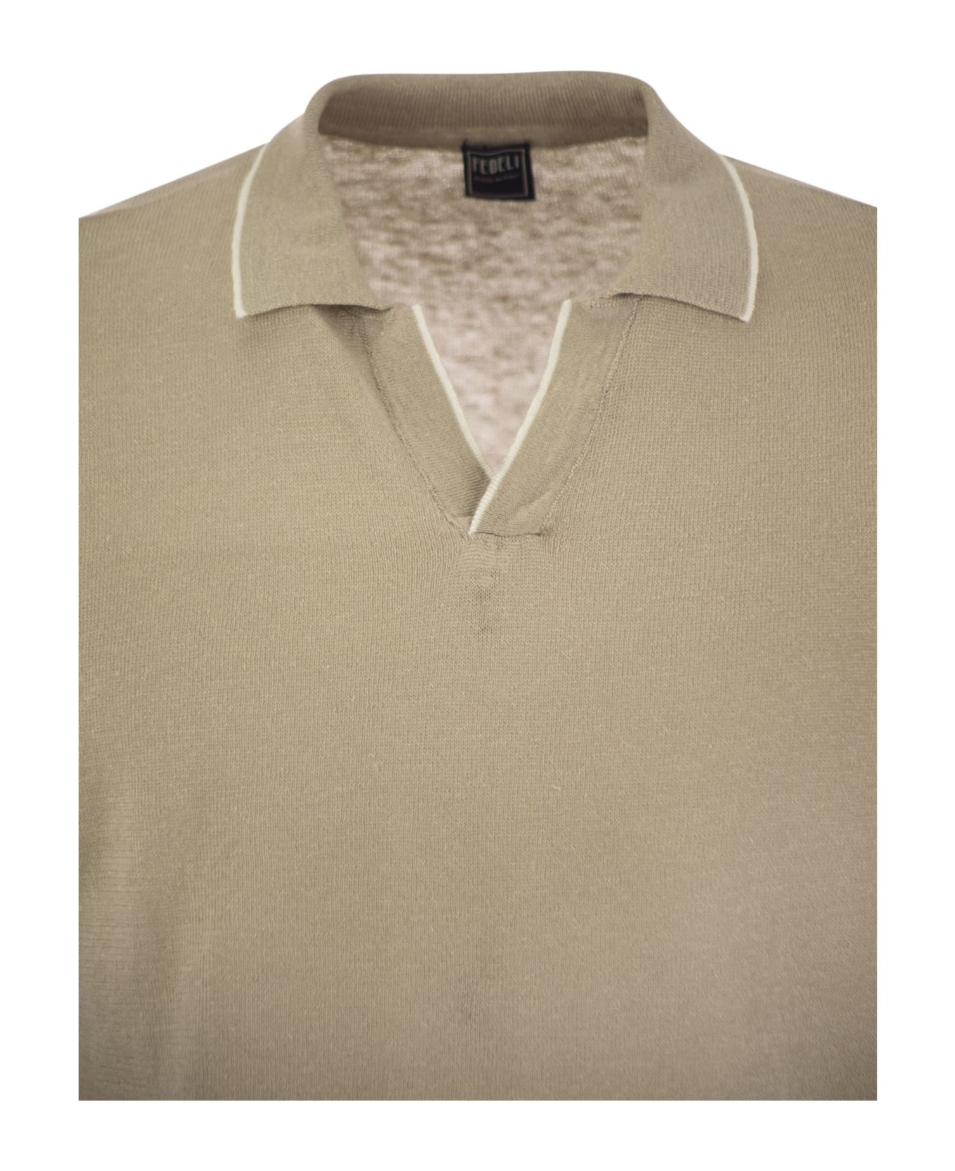 Fedeli Polo Shirt With Open Collar In Linen And Cotton - Beige