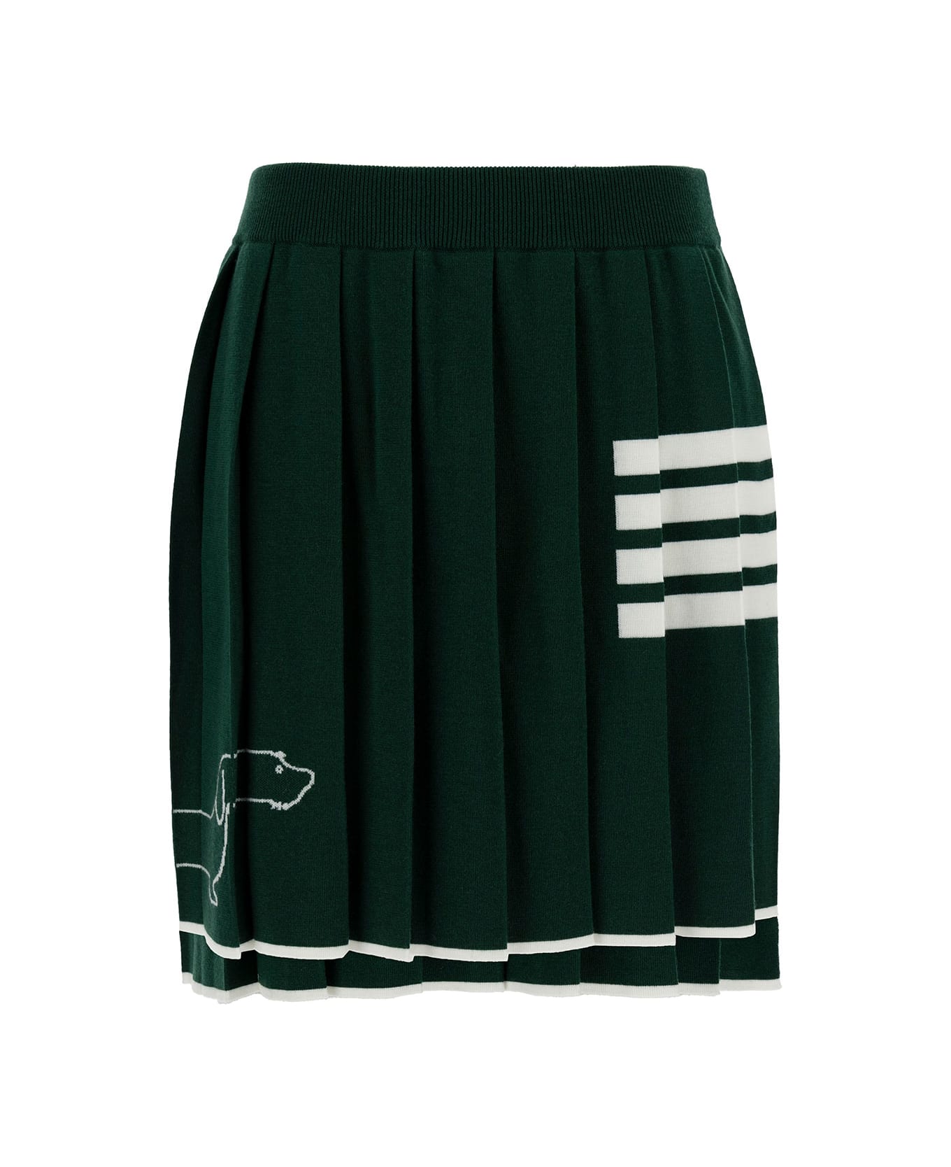 Thom Browne Green Pleated Mini-skirt With Dachshund Print And 4 Bar Detail In Wool Woman - Green スカート