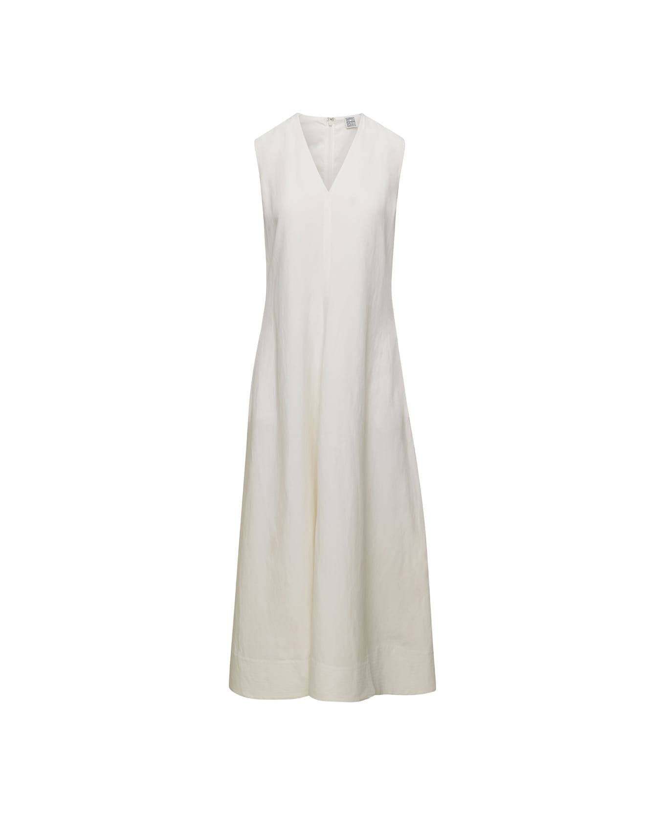 Totême White V-neck Flared Dress In Linen Blend Woman - White ワンピース＆ドレス