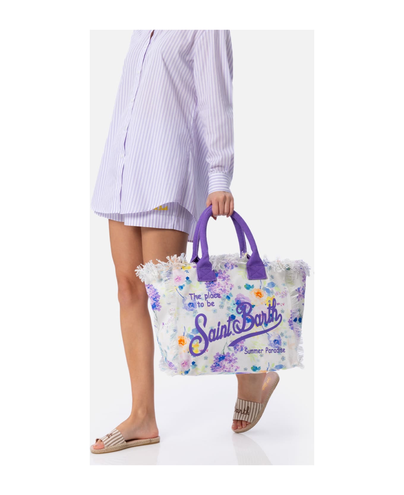 MC2 Saint Barth Water Color Flower Cotton Canvas Vanity Tote Bag - WHITE