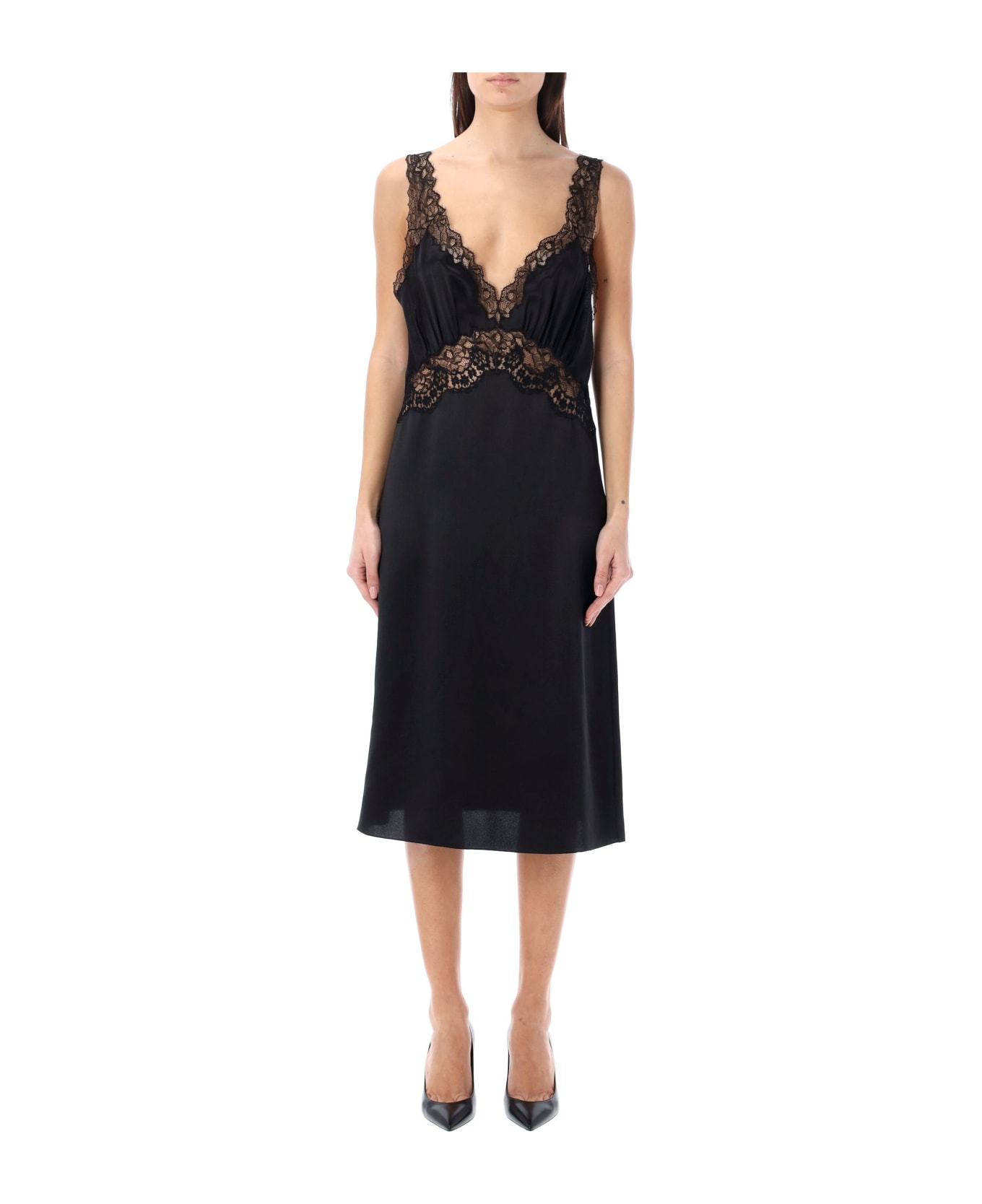 Saint Laurent Slip V-neck Lace Dress - BLACK ワンピース＆ドレス