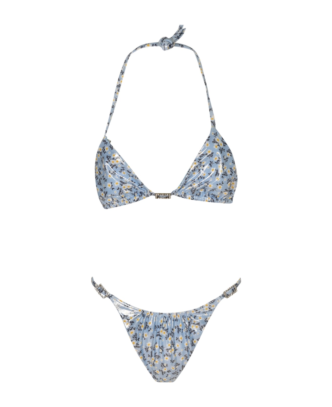 Alessandra Rich Daisy Print Laminated Ruched Lycra Bikini - Light Blue