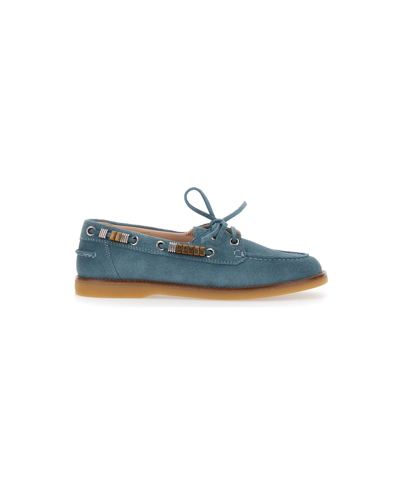 Pinko 'grace' Light Blue Loafers With Side Laces And Logo Details In Suede Woman - Light blue
