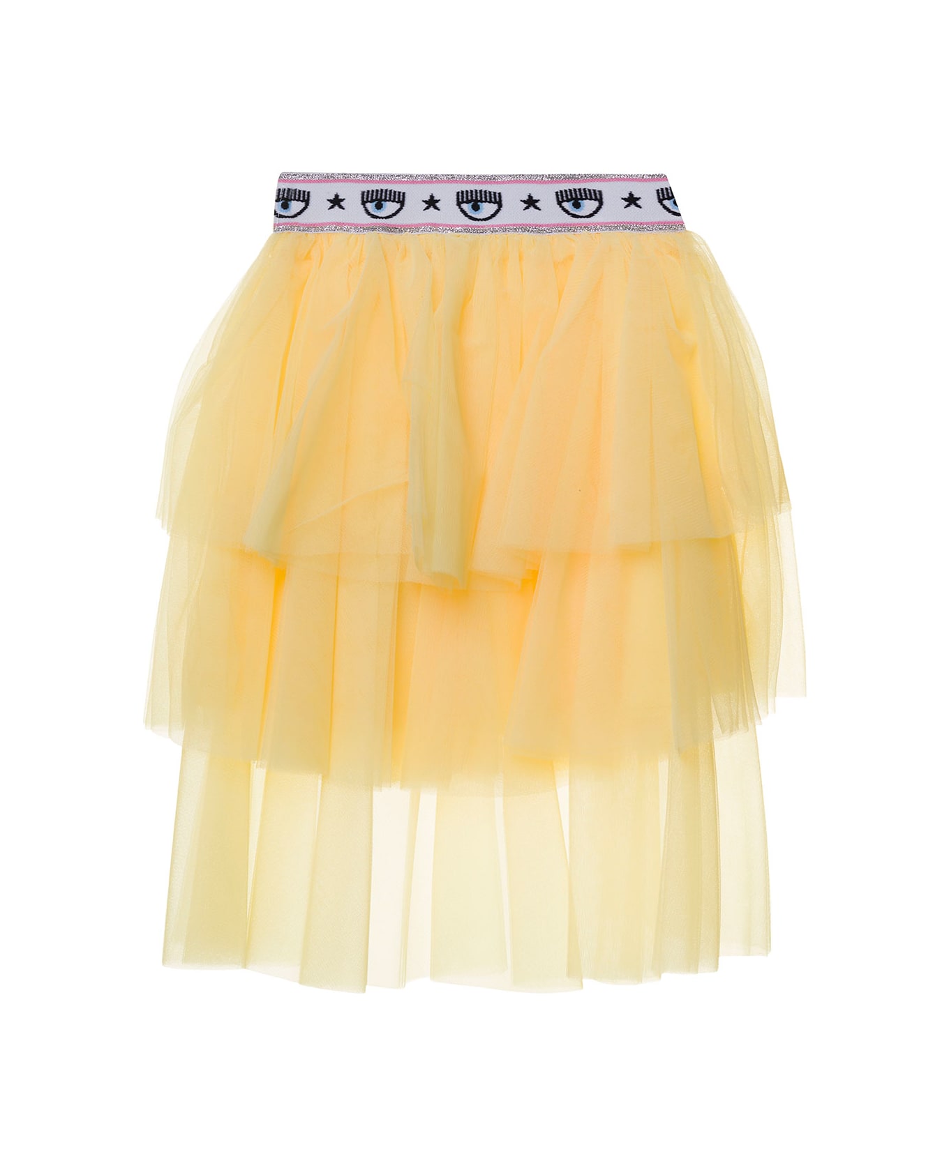 Chiara Ferragni Yellow Flounced Skirt Wih Branded Bands In Mesh Fabric Girl - Yellow