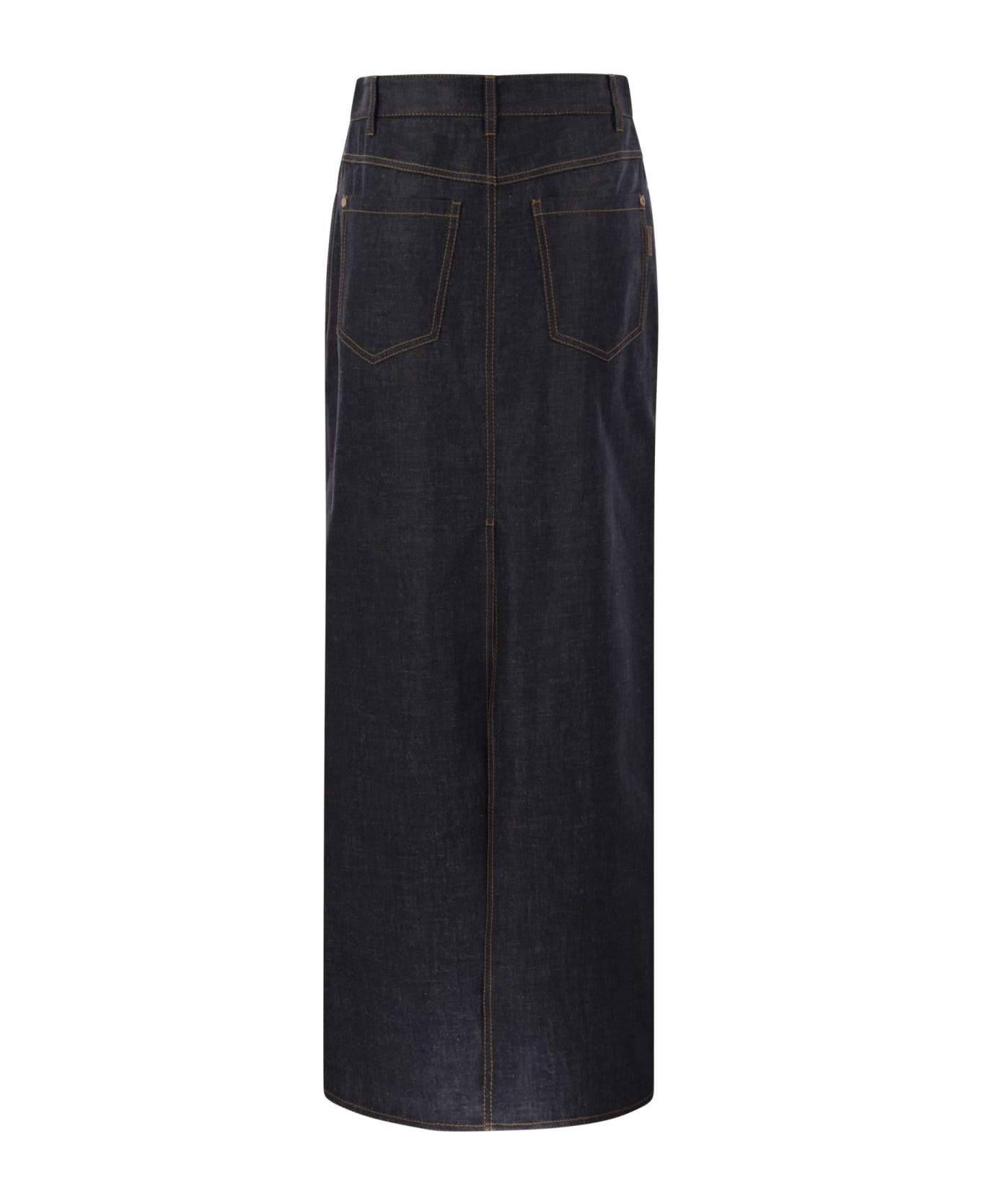 Brunello Cucinelli Long Five-pocket Skirt In Wet-effect Light Denim With Shiny Tab - Dark Denim