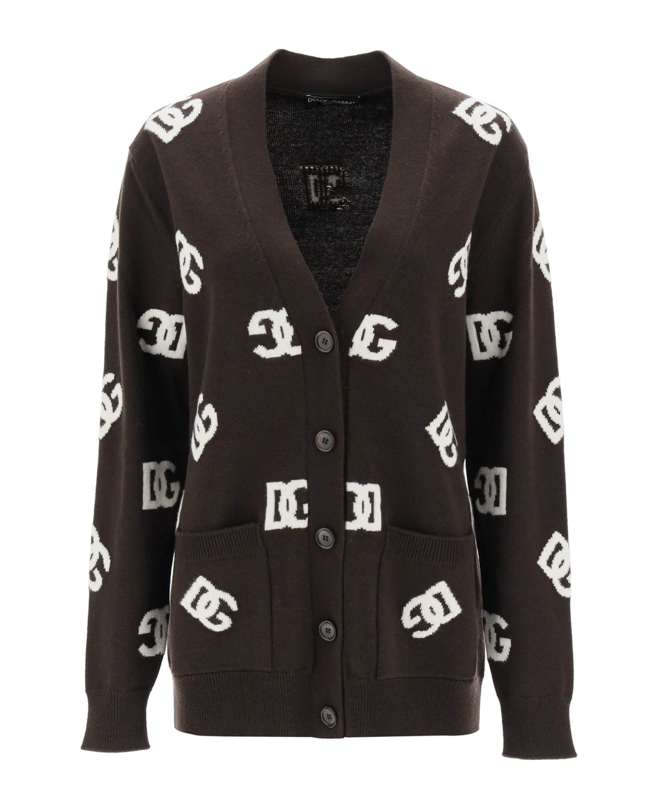 Dolce & Gabbana Maxi Cardigan With Dg Pattern Inlay - Brown