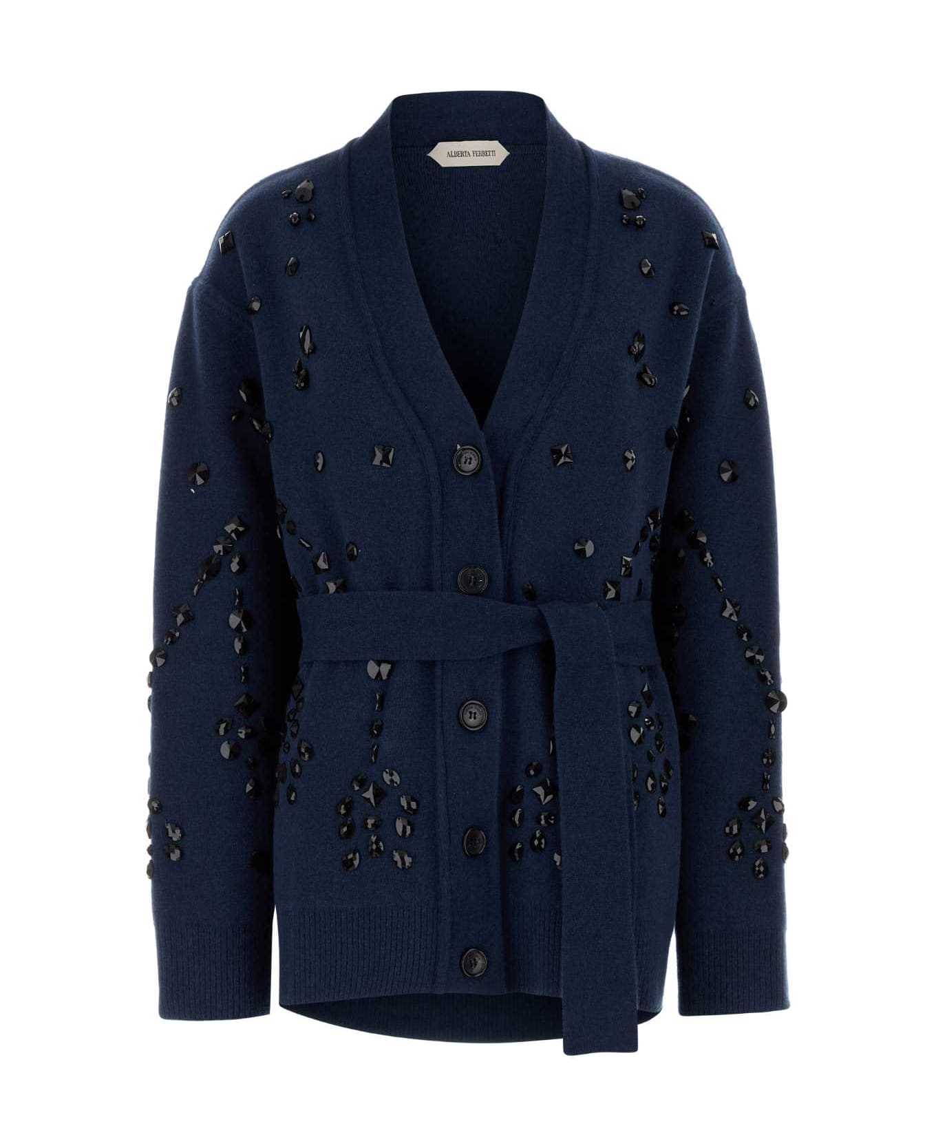 Alberta Ferretti Navy Blue Wool Blend Oversize Cardigan - BLU