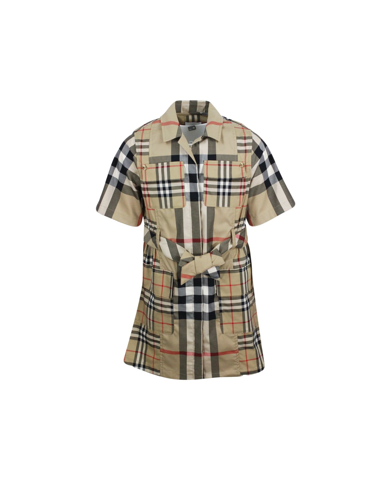 Burberry Short-sleeved Cotton Dress With Tartan Check Pattern And Button Closure On The Front - Beige ワンピース＆ドレス