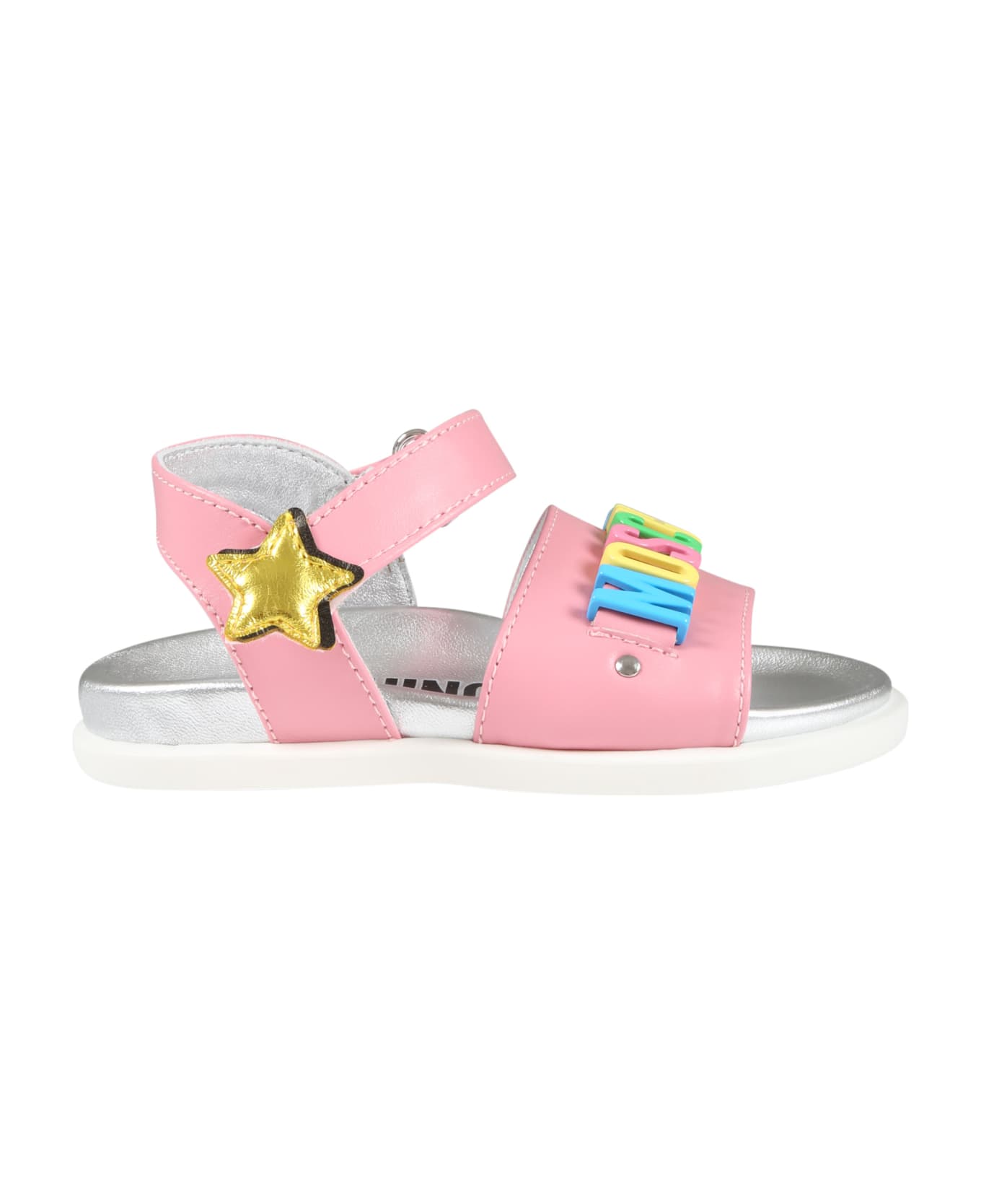 Moschino Pink Sandals For Girl With Multicolor Logo And Star - Pink