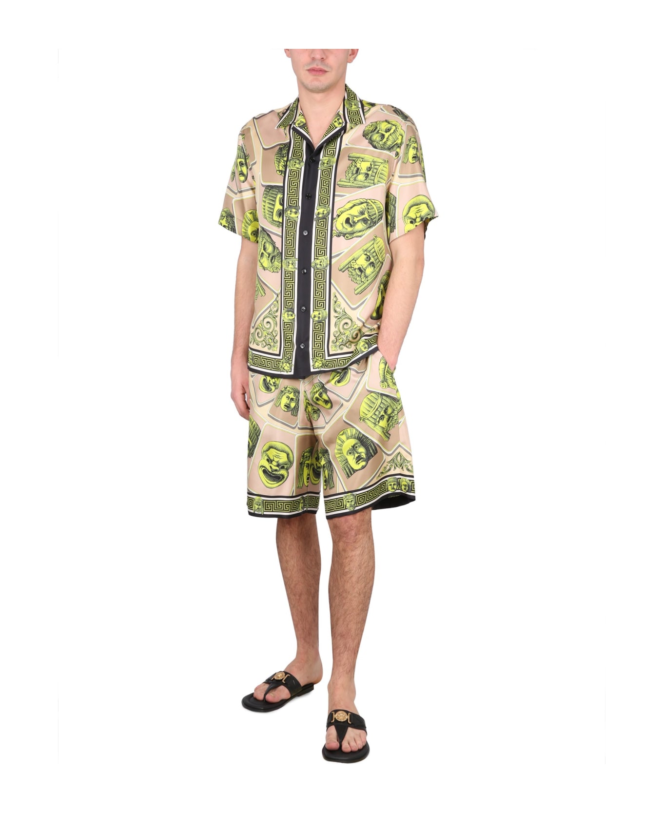 Versace Twill Silk Shorts Masks Print Detail - Acid Green Moonstruck