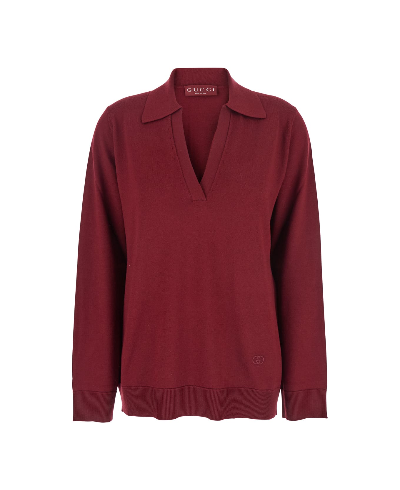Gucci Bordeaux Polo Collar Sweater With Gg Logo On The Front In Wool Woman - Bordeaux